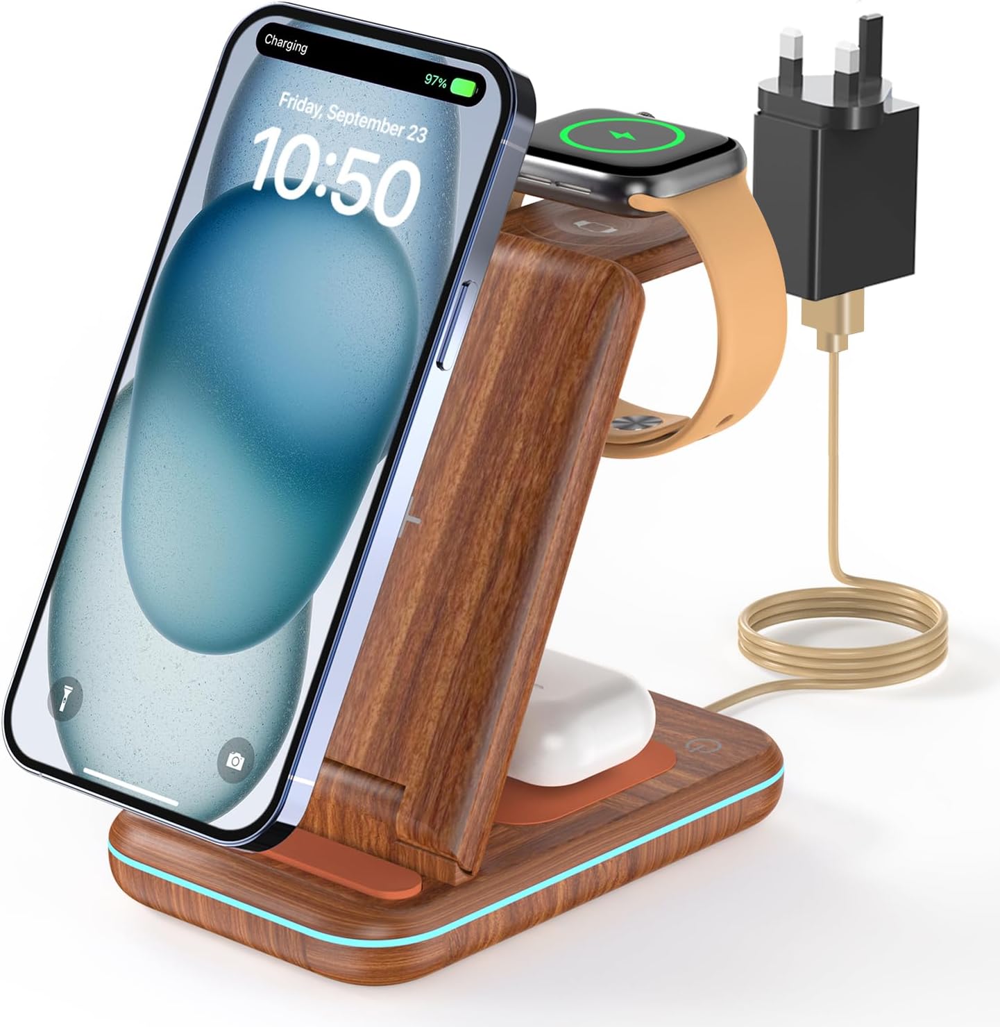 3 in 1 Foldable Wireless Charging Station for i Phone 15/14/13/12/11/Pro Max/X/8, Phone Charger Stand for iWatch Ultra2/9/8/7/6/5/4, Wireless Charger Docking AirPods 3/Pro/Pro 2,Burly Wood