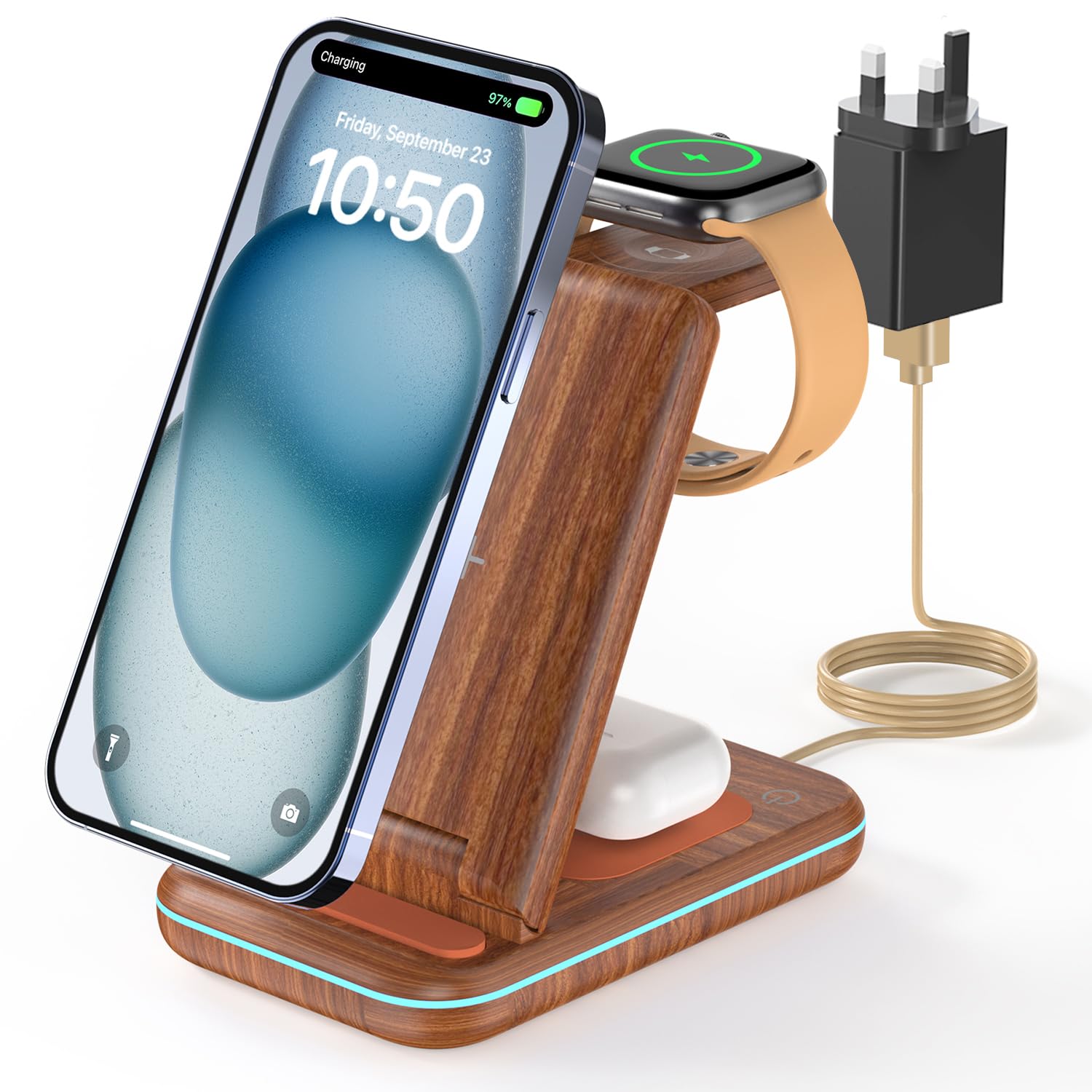 3 in 1 Foldable Wireless Charging Station for i Phone 15/14/13/12/11/Pro Max/X/8, Phone Charger Stand for iWatch Ultra2/9/8/7/6/5/4, Wireless Charger Docking AirPods 3/Pro/Pro 2,Burly Wood