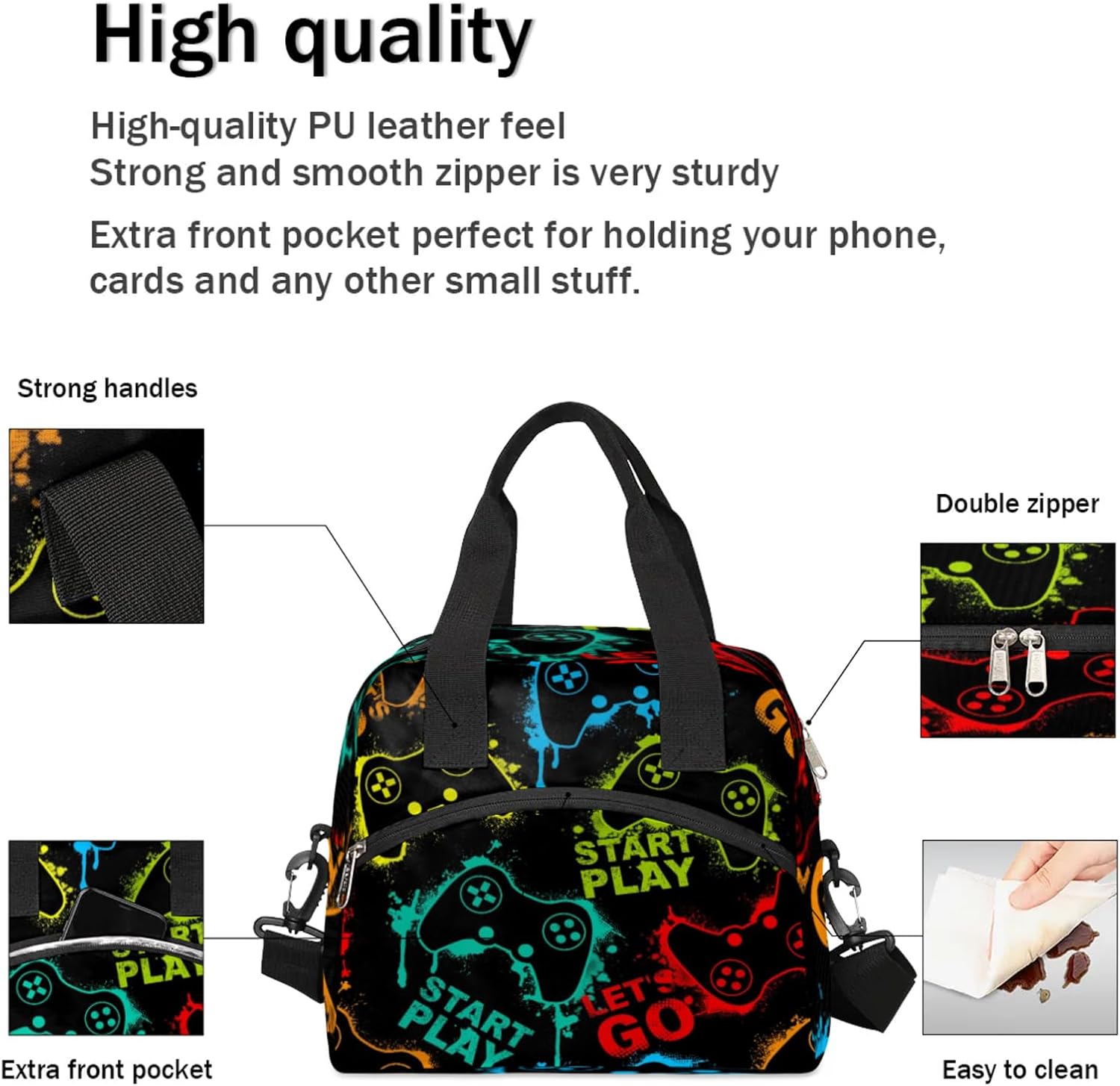 Video Game Boys Lunch tote for Kids Lunch Box Insulated & Leakproof Cooler Meal Prep Bag for School Picnic Hiking Work Travel