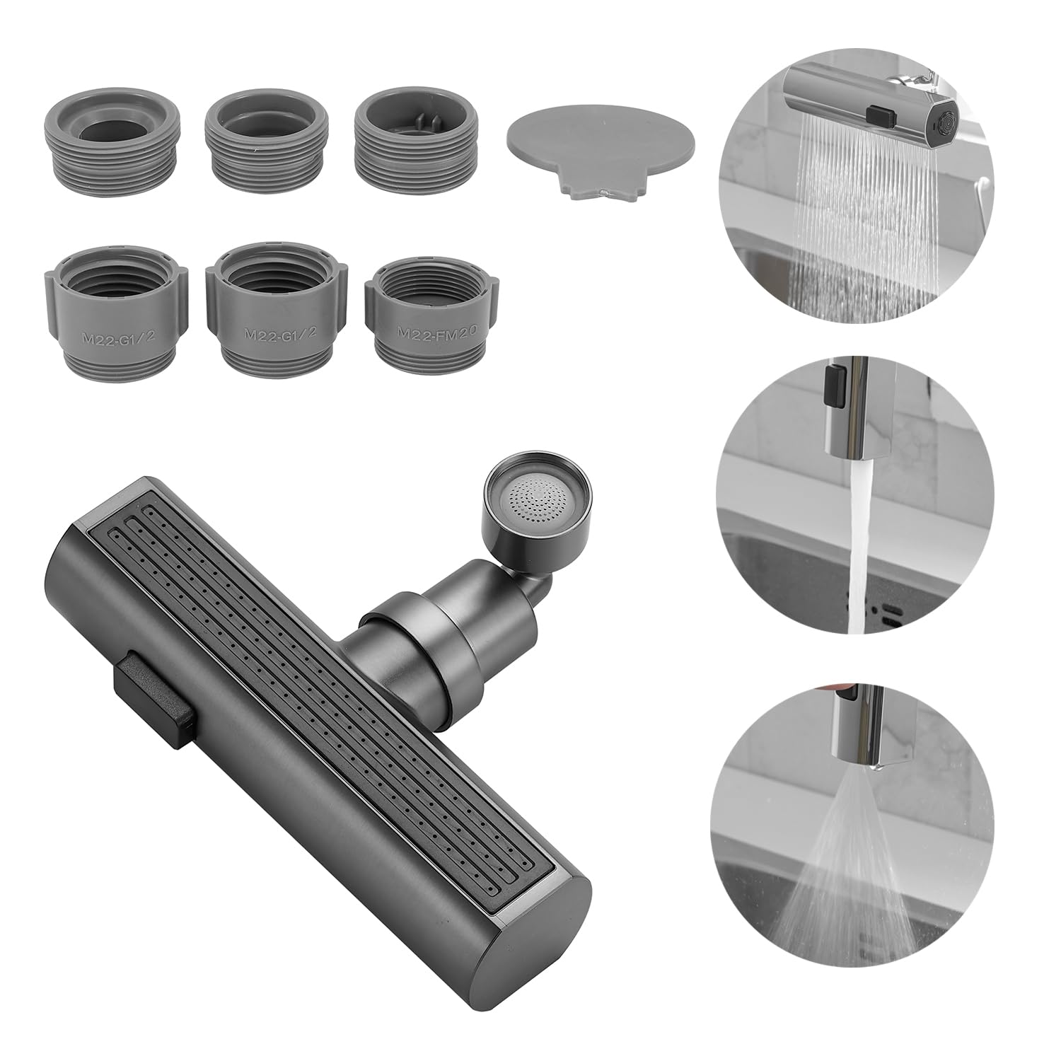 WIQUYBML Kitchen Tap Spray Head,Tap Adapter for Sink,Tap Aerator,Kitchen Head Attachment,Kitchen Extension with Waterfall Sprayer Grey