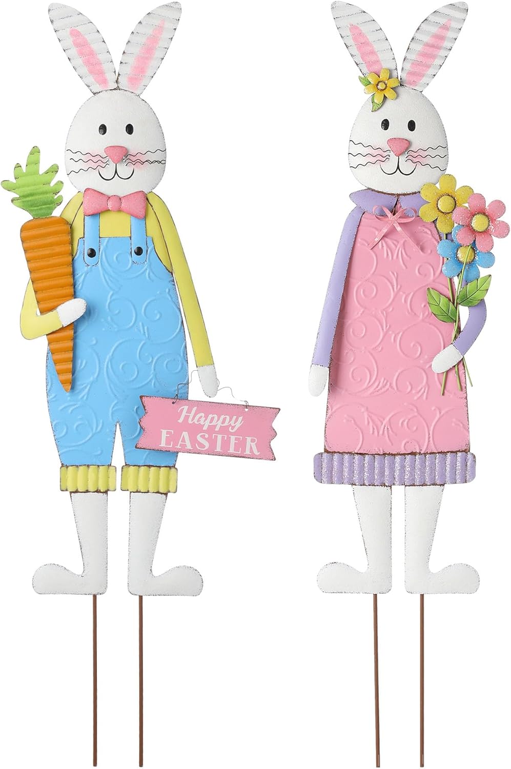 Glitzhome Easter Yard Signs Decorations Outdoor 2 Pack Metal Easter Bunny Boy & Girl Yard Stakes Standing/Hanging Decors