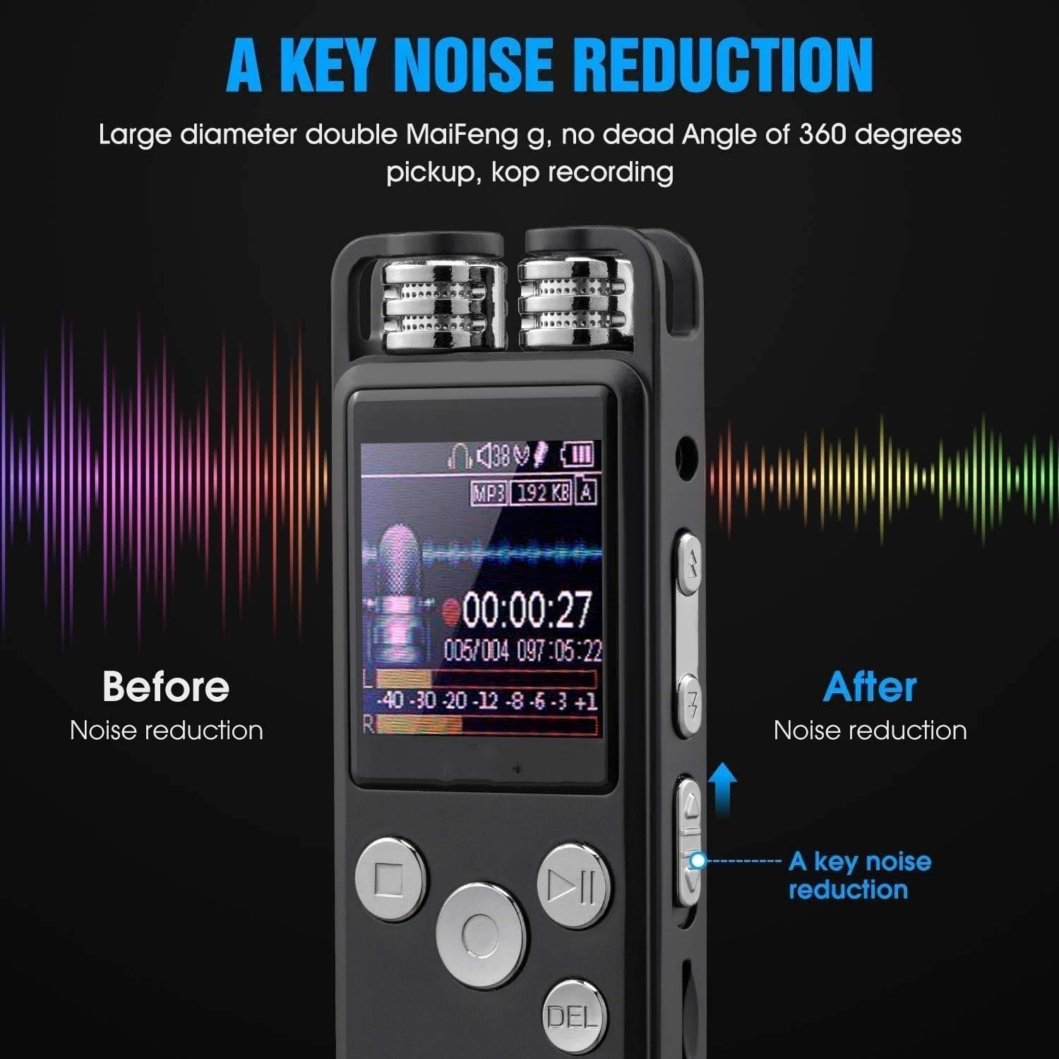 Enregistreur vocal portable, enregistreur vocal intelligent haute définition externe MP3, avec réduction de bruit de microphones à double microphone, enregistreur actif vocal pour une réunion