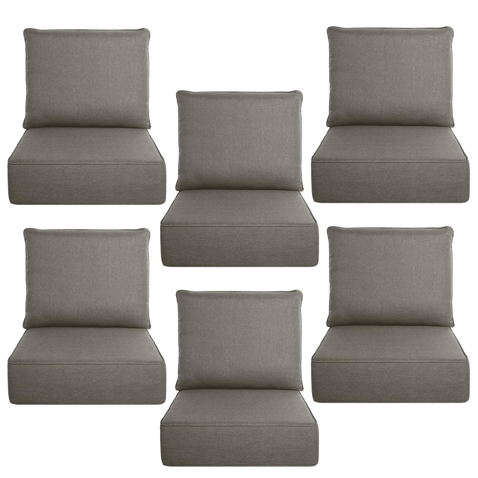 Luxury 6" Thick Outdoor Cushion Set 6-22x24 Patio Furniture Cushions with 28D High-Density Foam, Water-Resistant &amp; Fade-Resistant Fabric, Removable Covers for Patio Furniture Sofa Couch -Grey