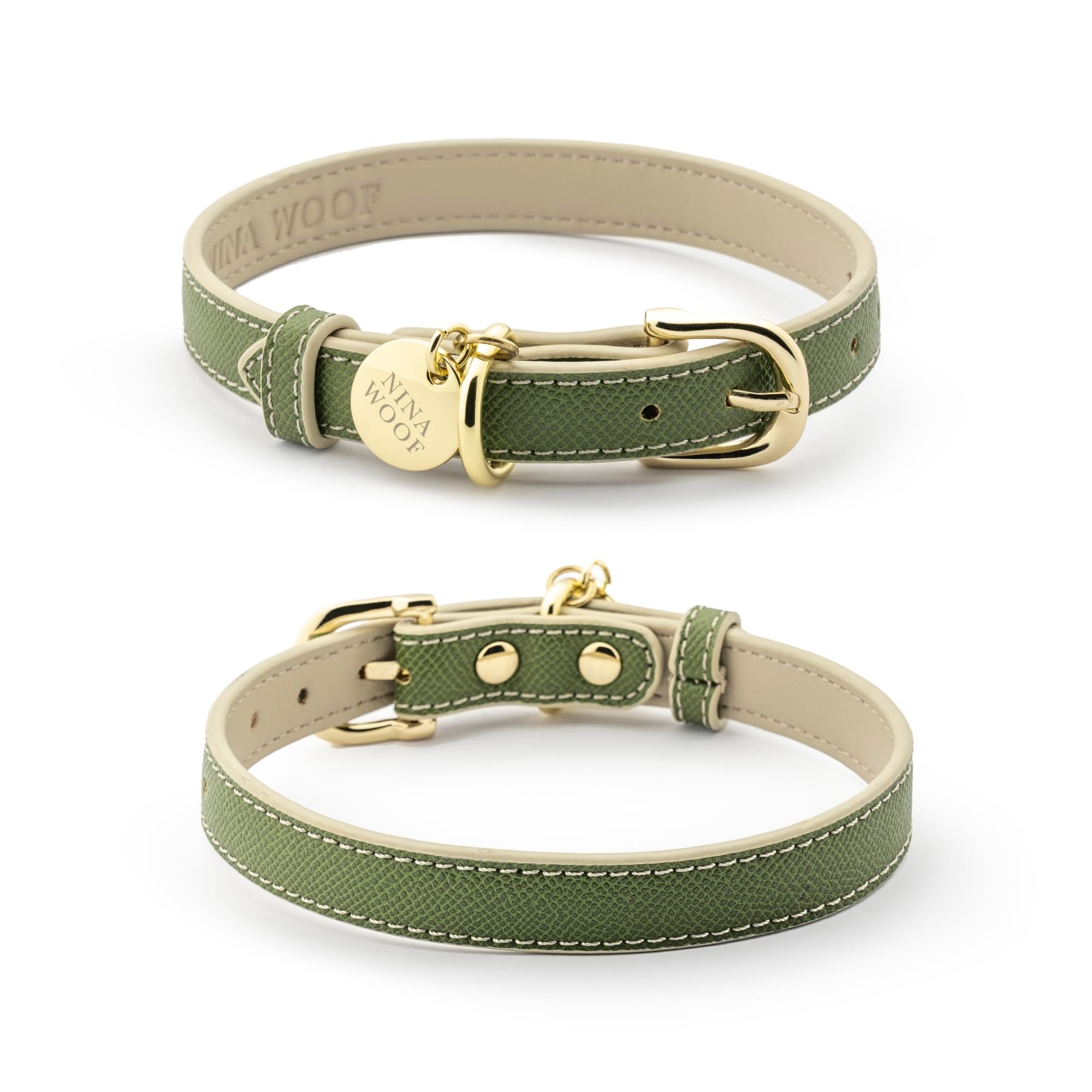 Nina Woof Copenhagen Leather Dog Collar, Handmade Soft Vegan Leather Round Padded Dog Collar with Adjustable Buckle, for Extra Small, Small, Medium and Large Dogs, Olive-XS โ image 1