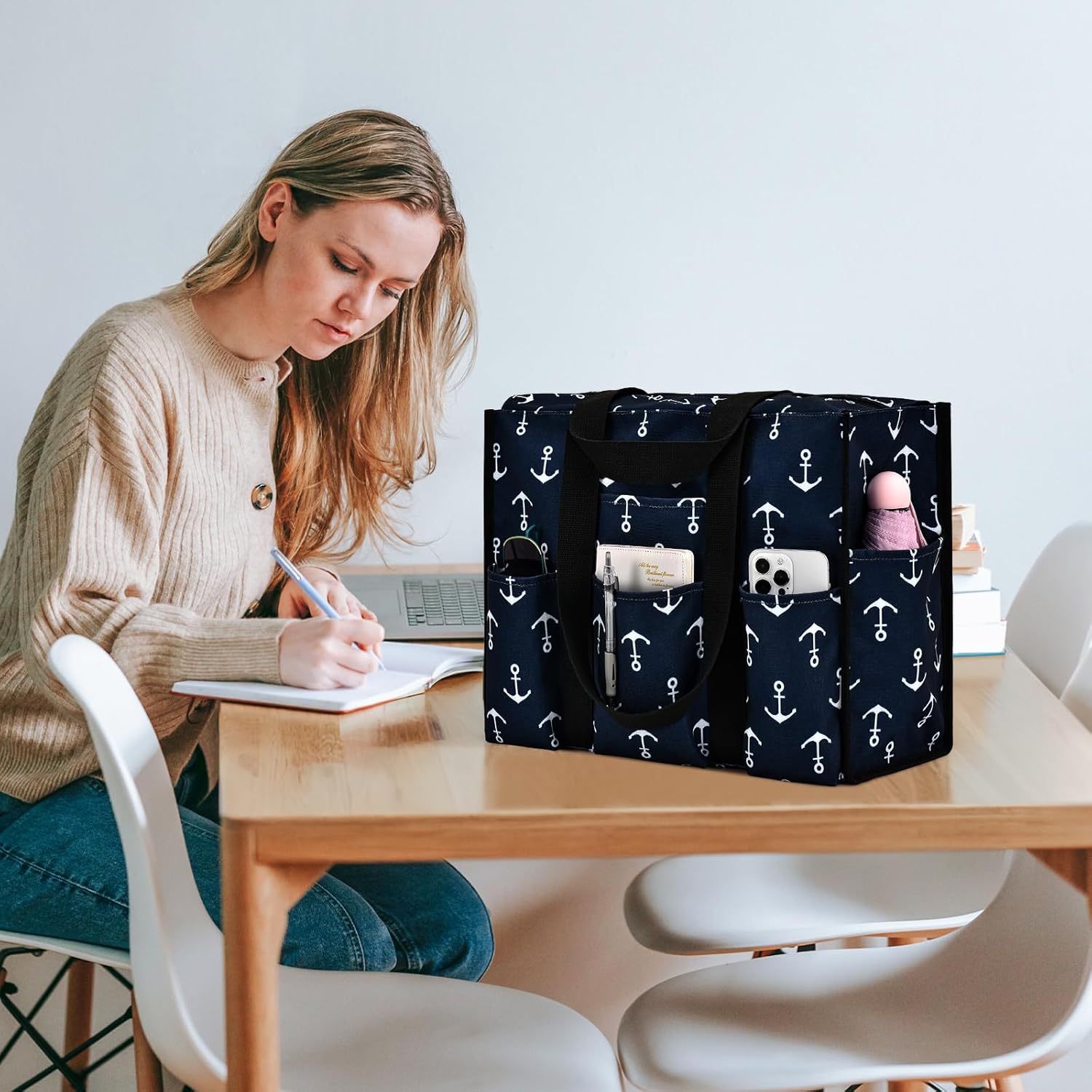 Becokan Large Tote Bag for Women Waterproof with 12 Pockets Top Zipper Closure Utility Teacher Nurse Bags for Work School - Image 2