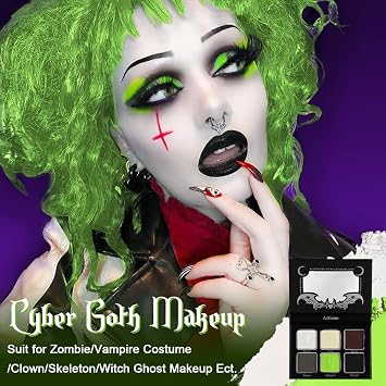 لوحة ظلال العيون Afflano Smokey Green - لوحة ظلال العيون Cyber Goth Smoky Eyes Makeup مع مرآة، بني نيون أسود أبيض رمادي عالي الصبغة يدوم طويلاً للفتيات والنساء