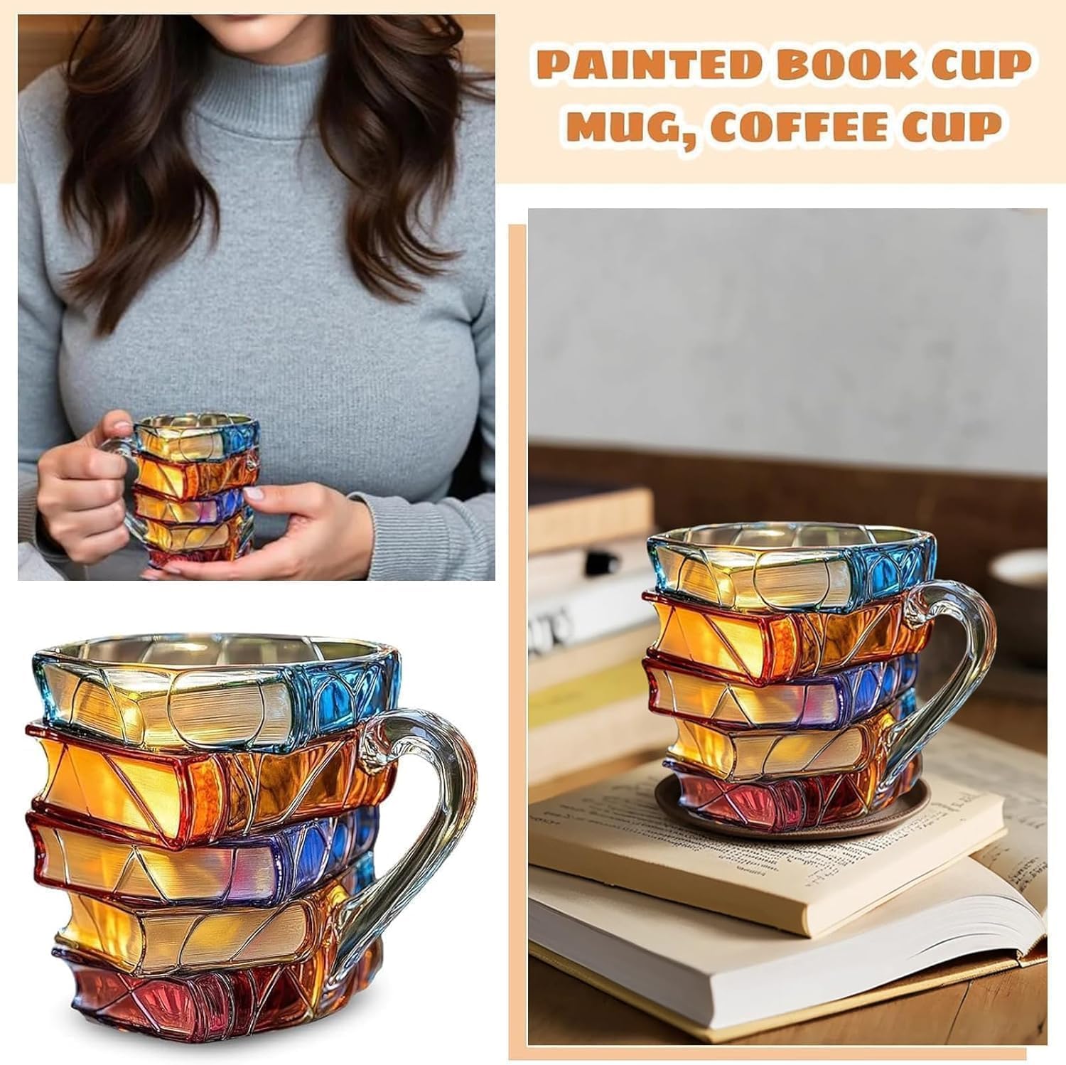 3D Painted Book Stack Mug - 11oz Unique Stained Glass Coffee Cup for Readers & Book Mug, Hand-painted Reading Happiness Cup, Library Bookbound Mug Desk Decorative Collection Gifts - Image 8
