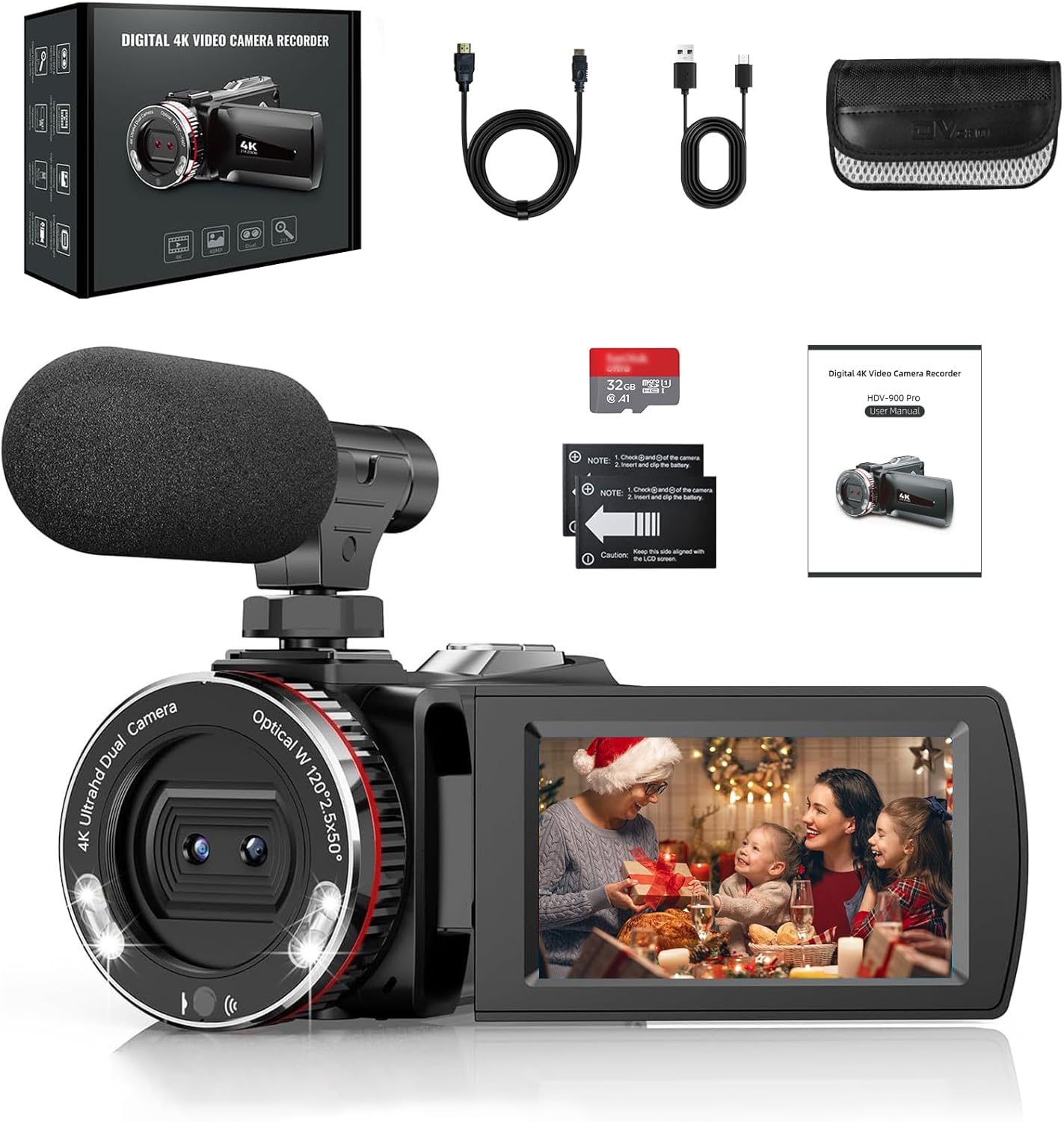 Video Camera 4K 64MP, 21X Digital Zoom Camcorder, 3.0 Inch 270° Screen Vlogging Camera for YouTube, LED Fill Light Video Camera with 2 Batteries, External Microphone, HDMI Cable, 32GB TF Card