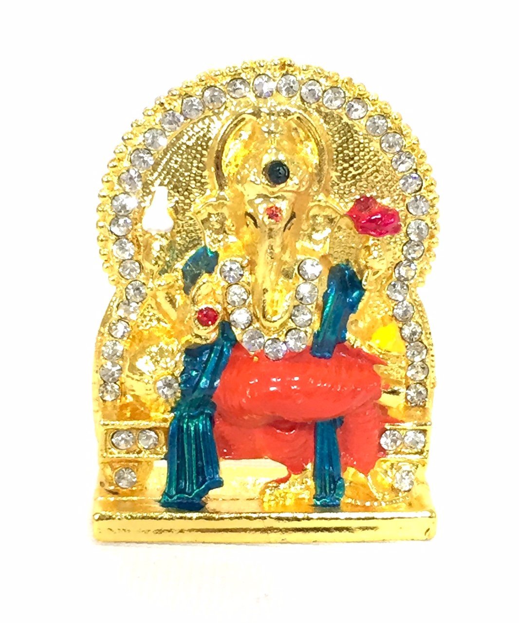Hindu God idol/Murti/Statue/Car Idol - Gold Coloured Ganesh Sitting Raja on Throne with White stones Decoration