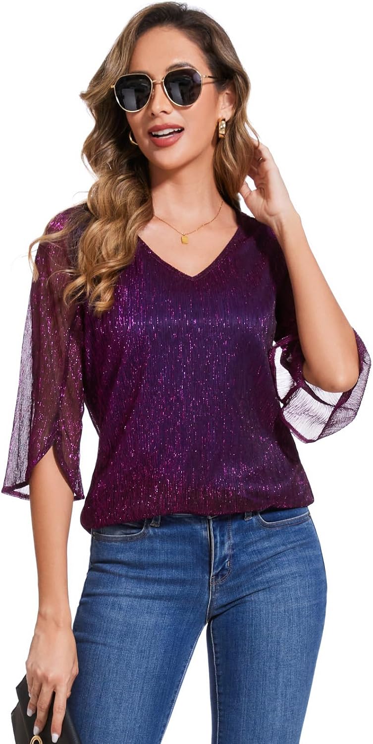 Women's 3/4 Sleeve Glitter Blouses Dressy Sparkly Double Layers Mesh Tops - Image 3