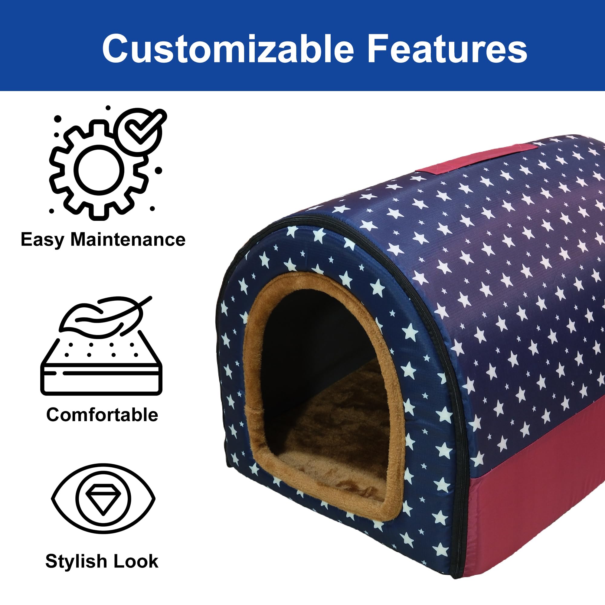 Kuber Industries Foldable Igloo Dog House | Soft & Adjustable Travel Pet Shelter for Cat & Rabbits with Sleeping Bed | Cave Bed Tent Shelter for Pets | Large - Blue Polka Dots 2