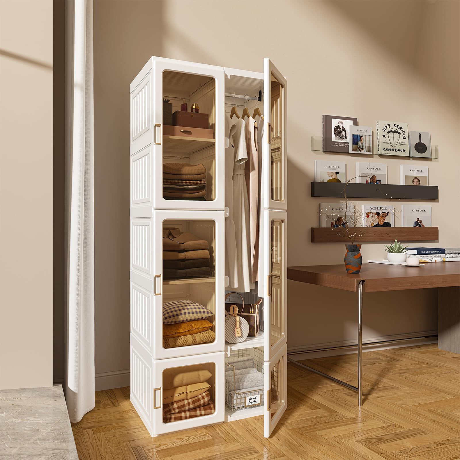 Dripex Kleiderschrank, Schrank 69 x 170 x 50 cm (B x H x T), einfache Montage, Faltbarer Mehrzweckschrank mit Stange, magnetische Türen, für Wohnzimmer Schlafzimmer Weiß