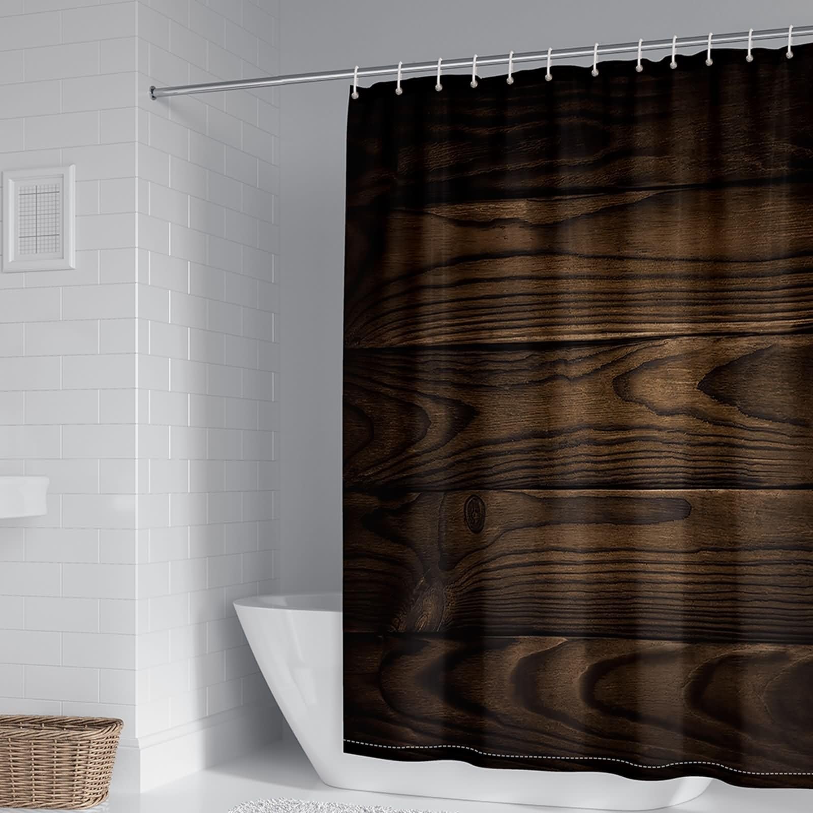 Rideau de douche grande taille 300x200cm KnSam en tissu marron noir effet boisé élégant