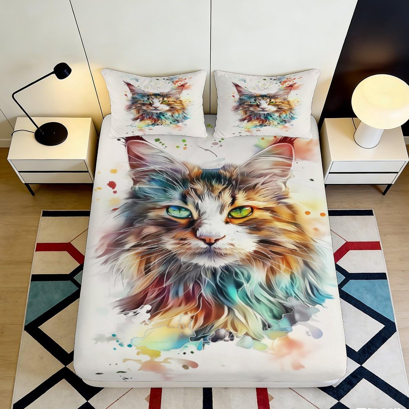3D Printed Colorful Cat Fitted Sheet Microfiber Soft Breathable Artistic Cat Face Mattress Cover for Bedroom Dorm Decor 90x200x25cm