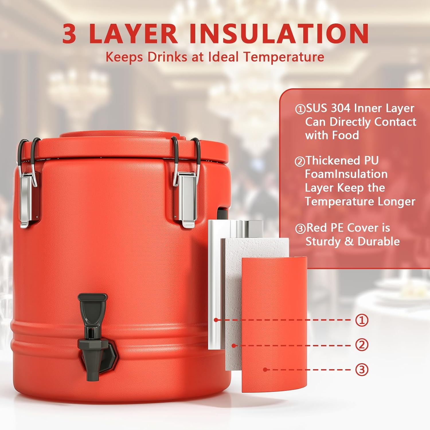 5.3 Gallon Insulated Beverage Dispenser, Hot Beverage Dispenser, Water Jug Insulated, 304 Stainless Steel Insulated Drink Dispenser for Hot & Cold Drinks