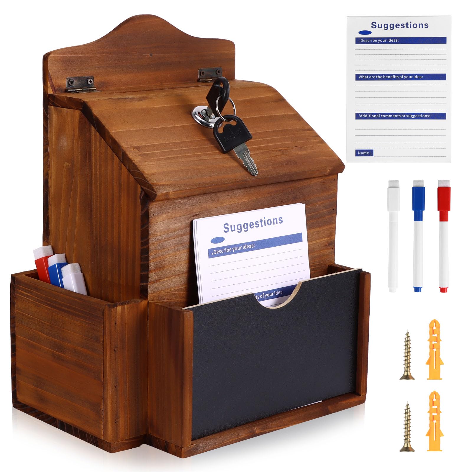 Wooden Suggestion Box with Blackboard and Lock, Wall Mounted Letter Boxes Charity Donation Ballot Box, Anonymous Collection Containers with 3 Pens and 10 Cards