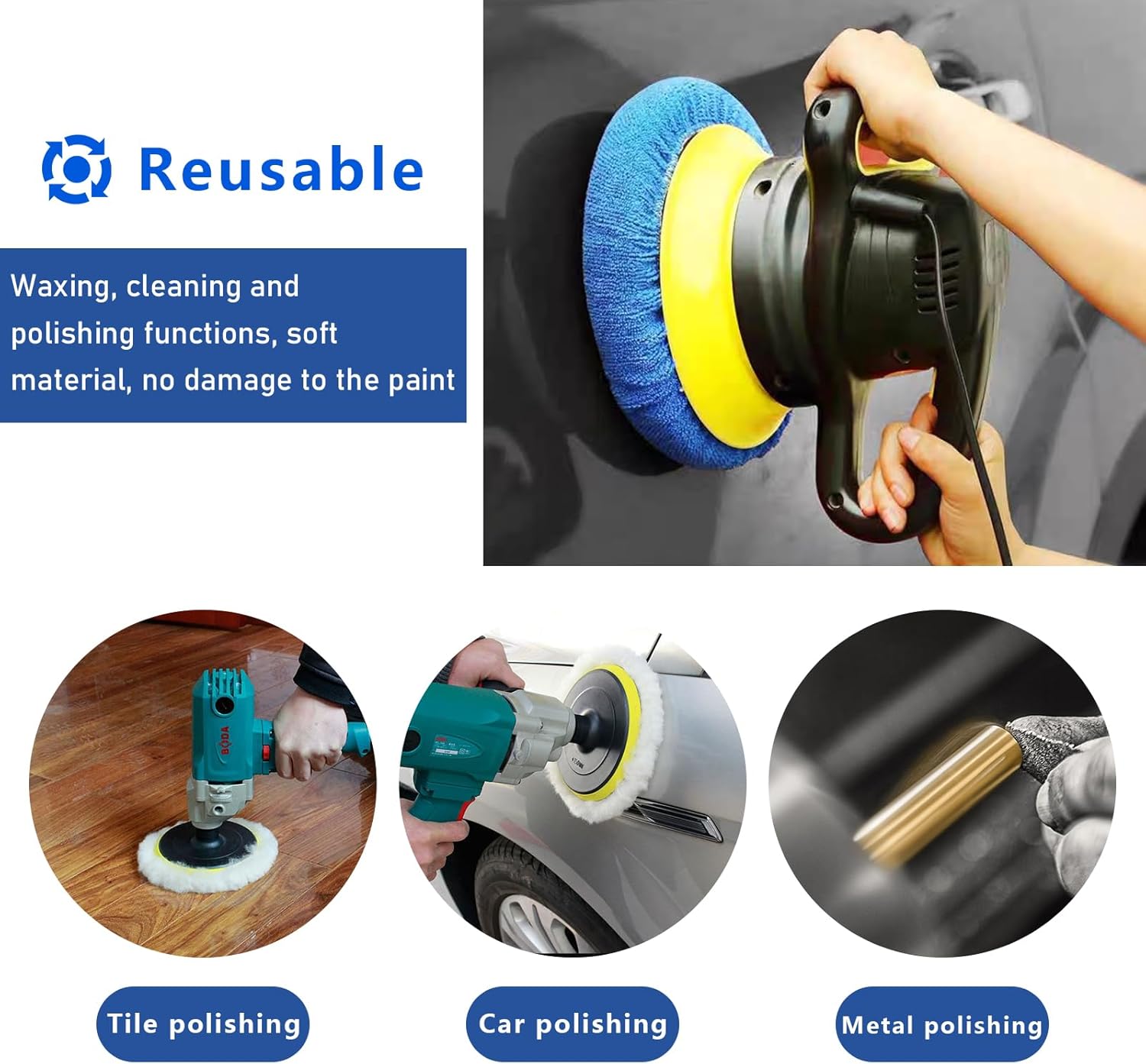 Kewucn 9PCS Car Polisher Pad, 5 to 6 Inches Car Orbital Microfiber Bonnet Polishing Buffing Pad Cover, Universal Auto Cleaning Waxers Kit- 4 Microfiber, 3 Coral Fleece, 2 Woolen (5-6 Inches) - Image 4