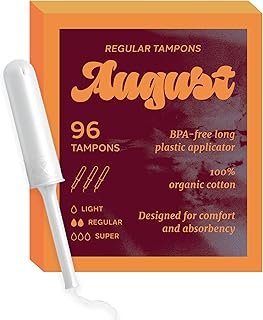 August Organic Tampons, Regular Absorbancy, BPA Free Long Applicators, Toxin Free, Fragrance Free, Hypoallergenic, 96 Tampons