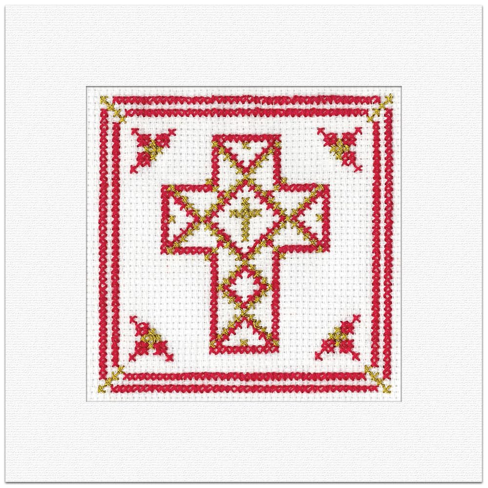 Heritage Crafts N/A Cross Stitch Card Kit - Red & Gold Filigree Cross - Couted Cross Stitch Christmas Card Kit