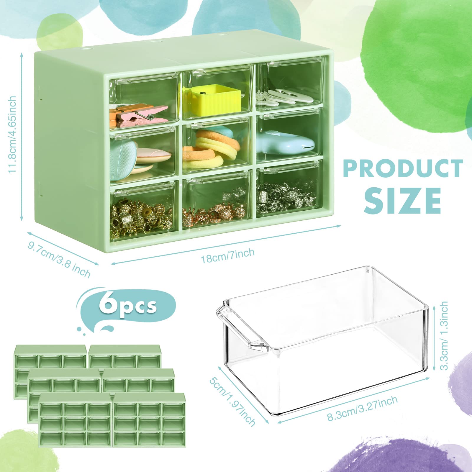 Lot de 6 mini organiseurs de tiroir avec tiroirs - Boîte de rangement en plastique avec 9 tiroirs - Organisateur de bureau pour bureau, maison, chambre, bijoux, cosmétiques, collection - Fixation