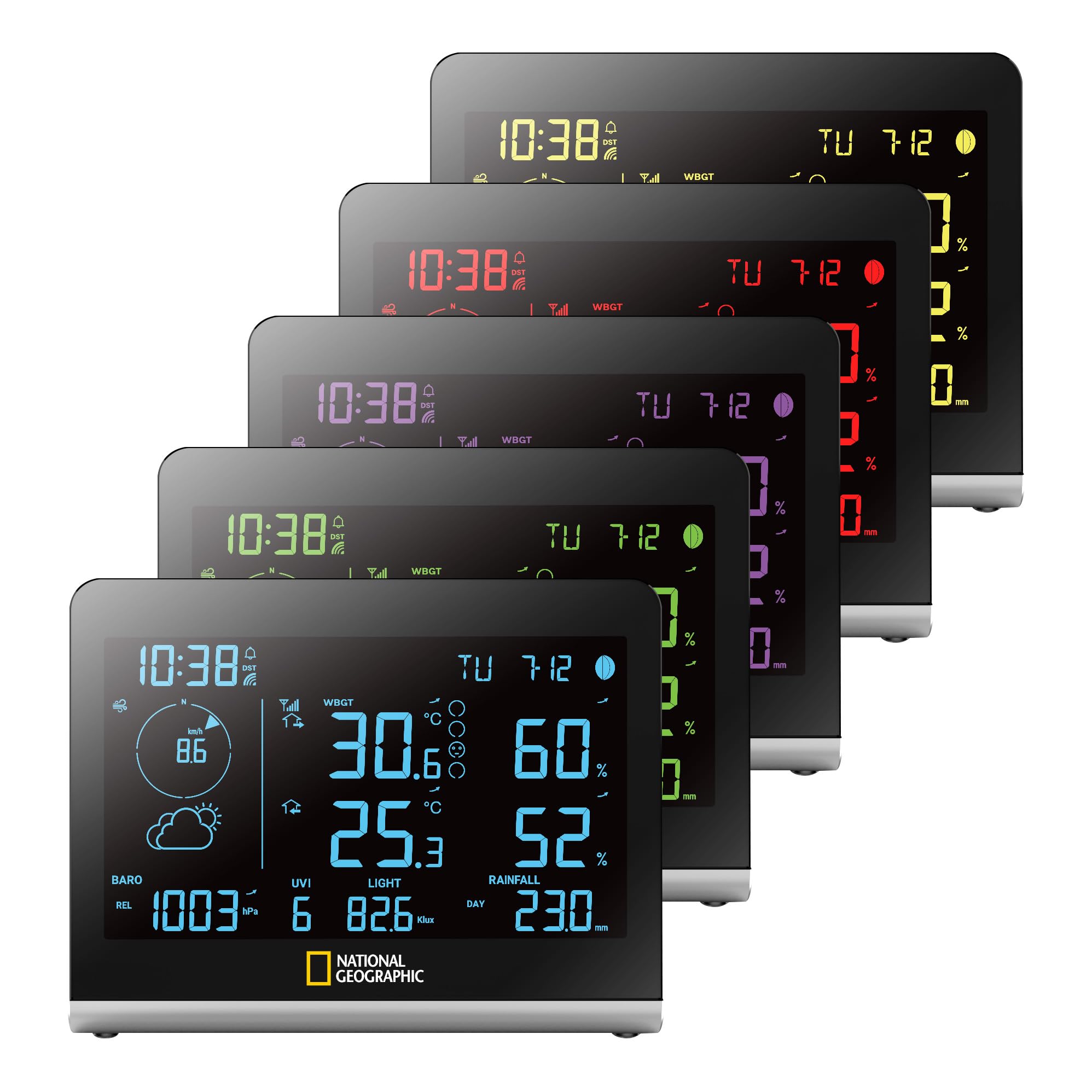 National Geographic Funkwetterstation SC mit 8-in-1-Außensensor, Farbwechsel-Display, Temperatur, Luftfeuchtigkeit, Windmesser, Regenmesser, UV, WBGT | Innen und Außentemperatur, Luftfeuchtigkeit, Regenmesser, Windmesser, Luftdruck, UV, Lichtintensität, W