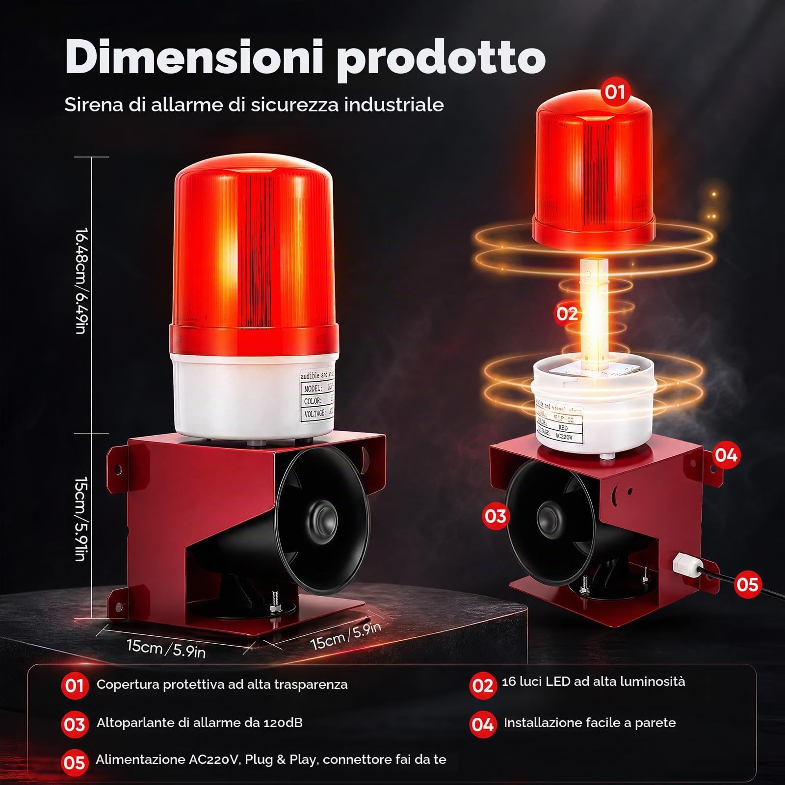 Sirena D'allarme Industriale, Sirena Luminosa E Sonora Da 120 Db D'allarme Industriale A Led Impermeabile IP65 Adatta Per Uso Interno Ed Esterno Spina Eu 220 V Suono Chiaro E Potente