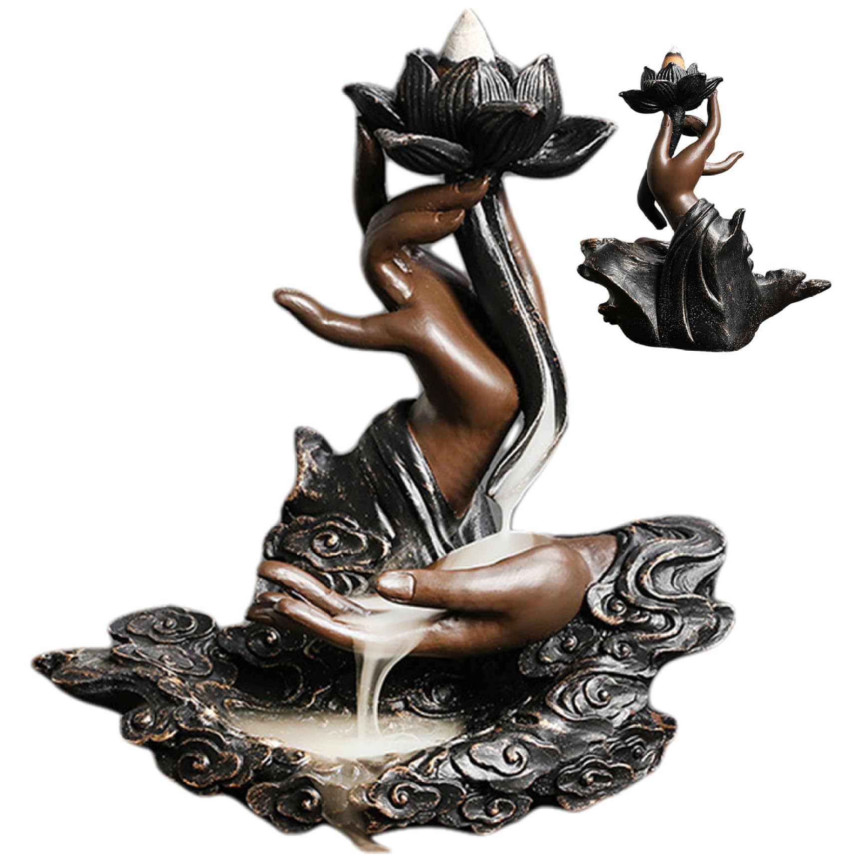 Backflow Incense Burner 7.1x3x6.4" Retro Lotus Waterfall Incense Holder with Buddhas Hand, Decorative Resin Burner for Teahouse, Meditation