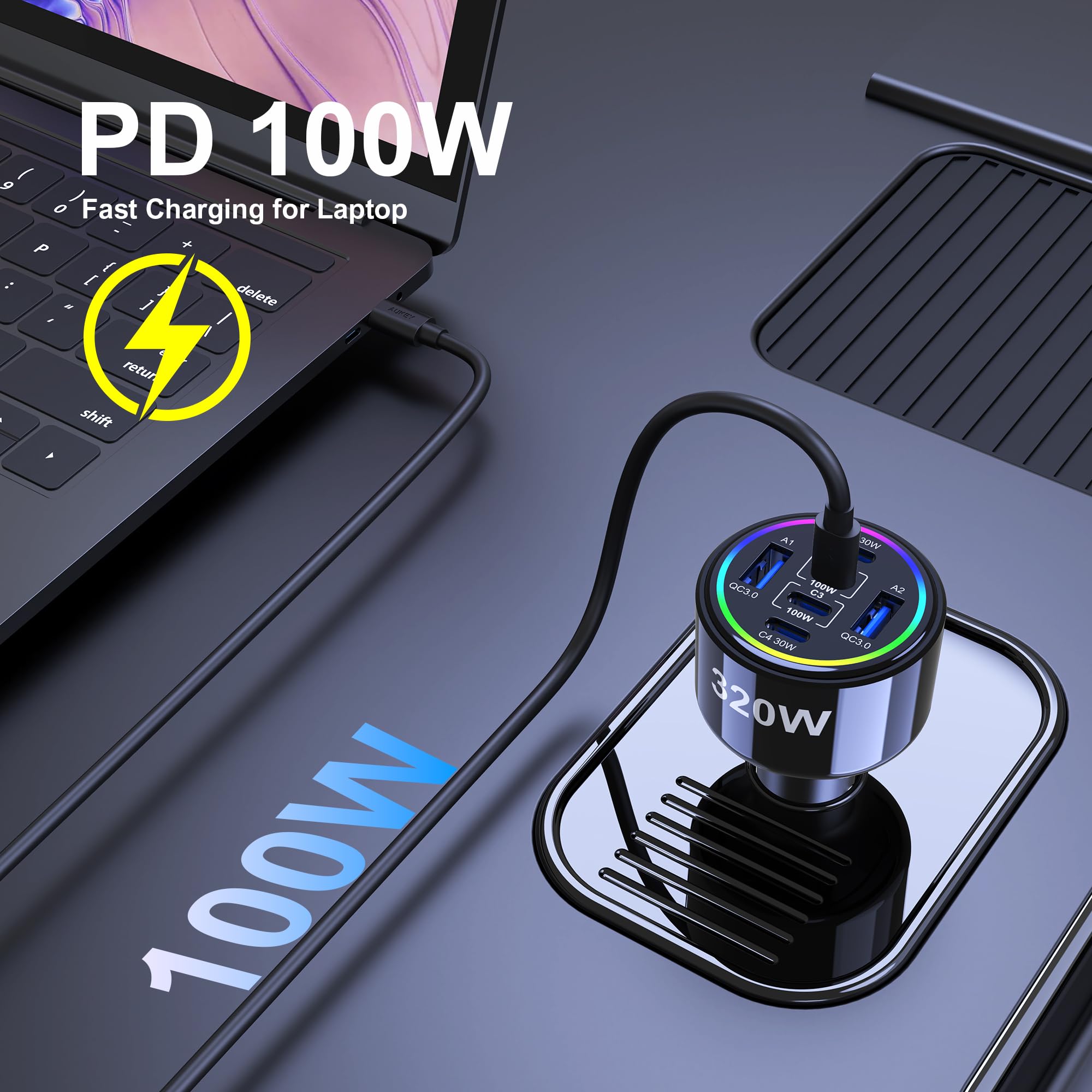 Cargador de coche USB C de 320 W, cargador de coche tipo C de 6 puertos | PD3.0/QC4.0/PPS Carga súper rápida para iPhone 17/16/15 Series, Galaxy S25/S24/23, iPad, MacBook Pro/Air, Laptop (negro)