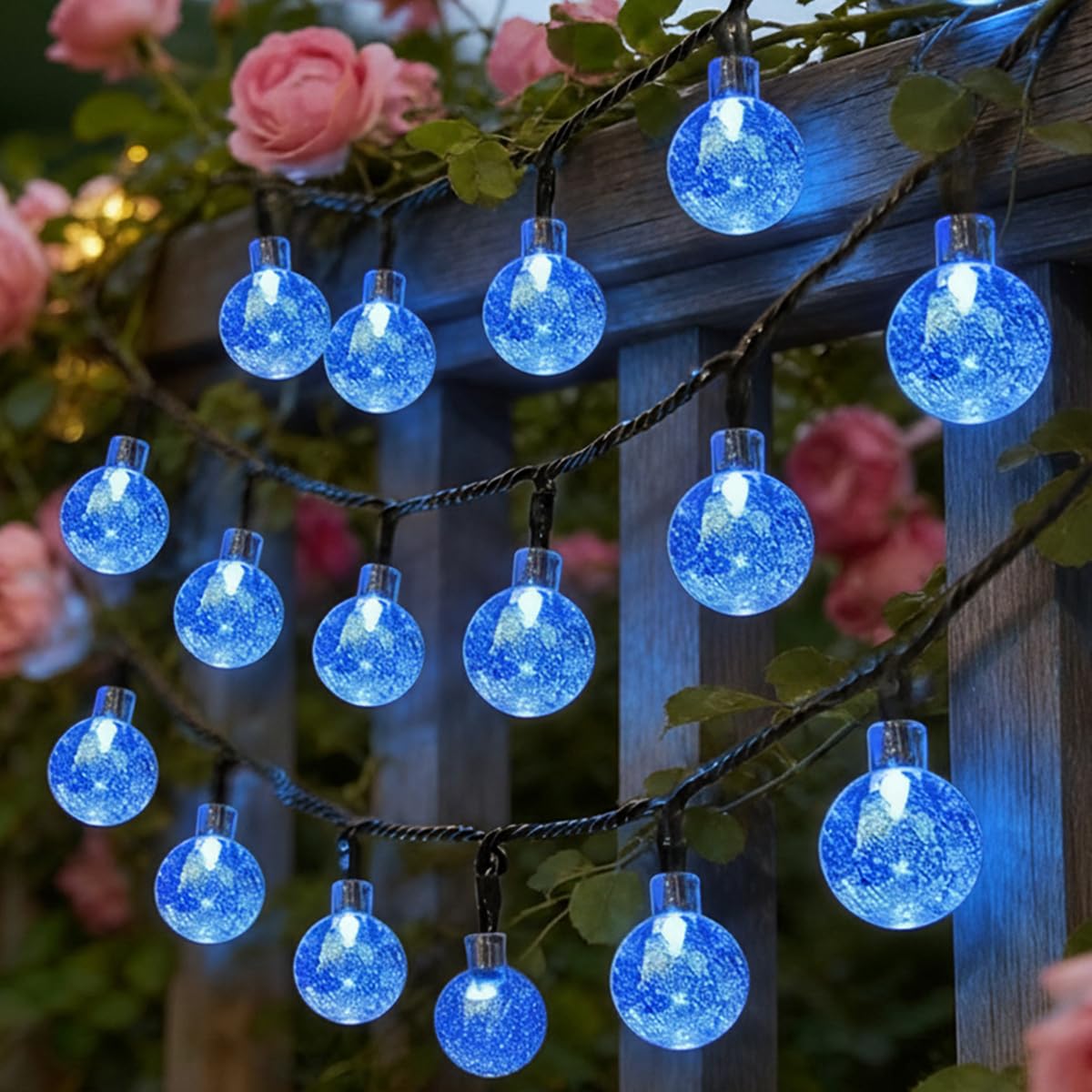 Litabur Blue Solar Fairy Lights Garden Outdoor, Waterproof Solar Powered Bubble Lights, 60Led 8M/26Ft Solar String Lights, 8 Modes With 8-Hour Timer, Suitable For Garden, Party, Yard, Decoration (Blue)