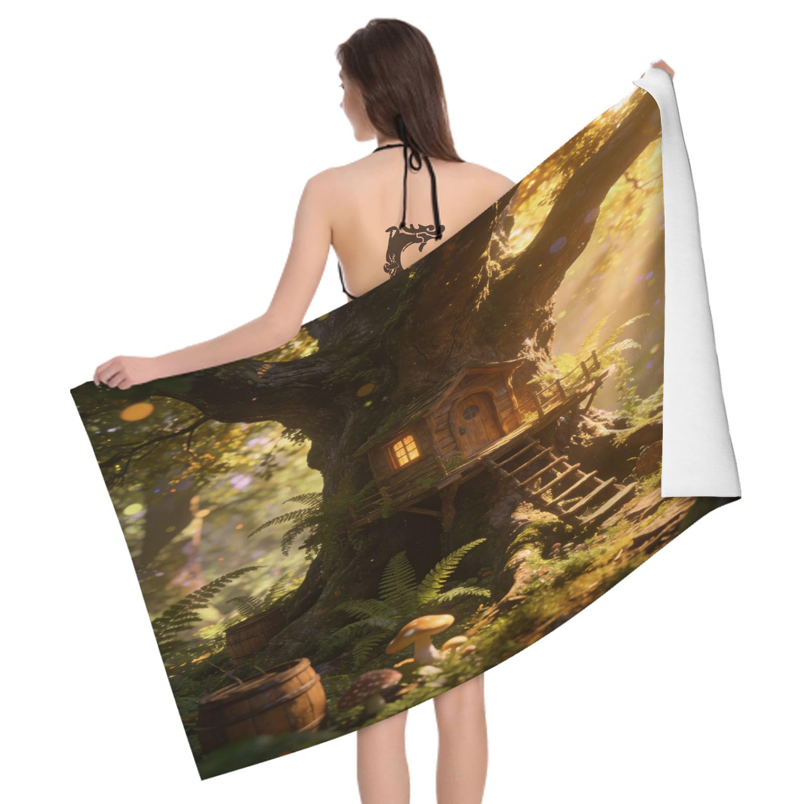Leichong 3D Treehouse Beach Towel Large Microfiber Soft Quick Dry for Adults, Fantasy Bath Towel Lightweight Soft Absorbent for Travel Swimming Pool Sports, 80 x 160 cm