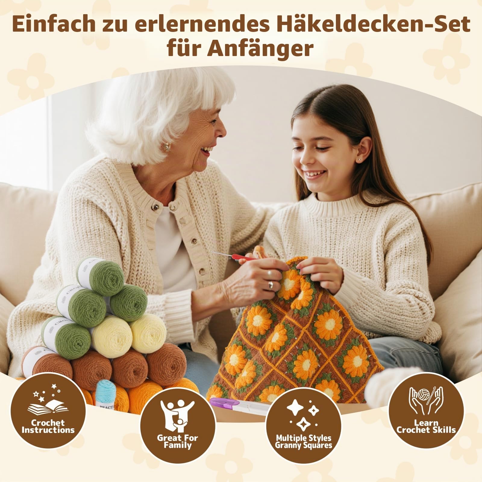 WILSHIN Häkelset für Decken für Anfänger, Häkelset für Granny Squares-Decken mit weichen Garnen, ausführliche Anleitungen und Schritt-für-Schritt-Tutorials, einfaches Strickset (braune Sonnenblume)
