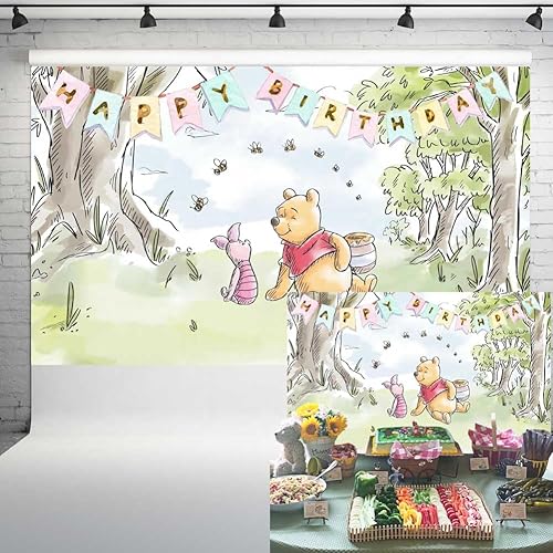 Fondo de acuarela Pooh Bear para primer cumpleaños, estilo dibujado a mano, Winnie en fondo de madera, suministros de fiesta de feliz cumpleaños,