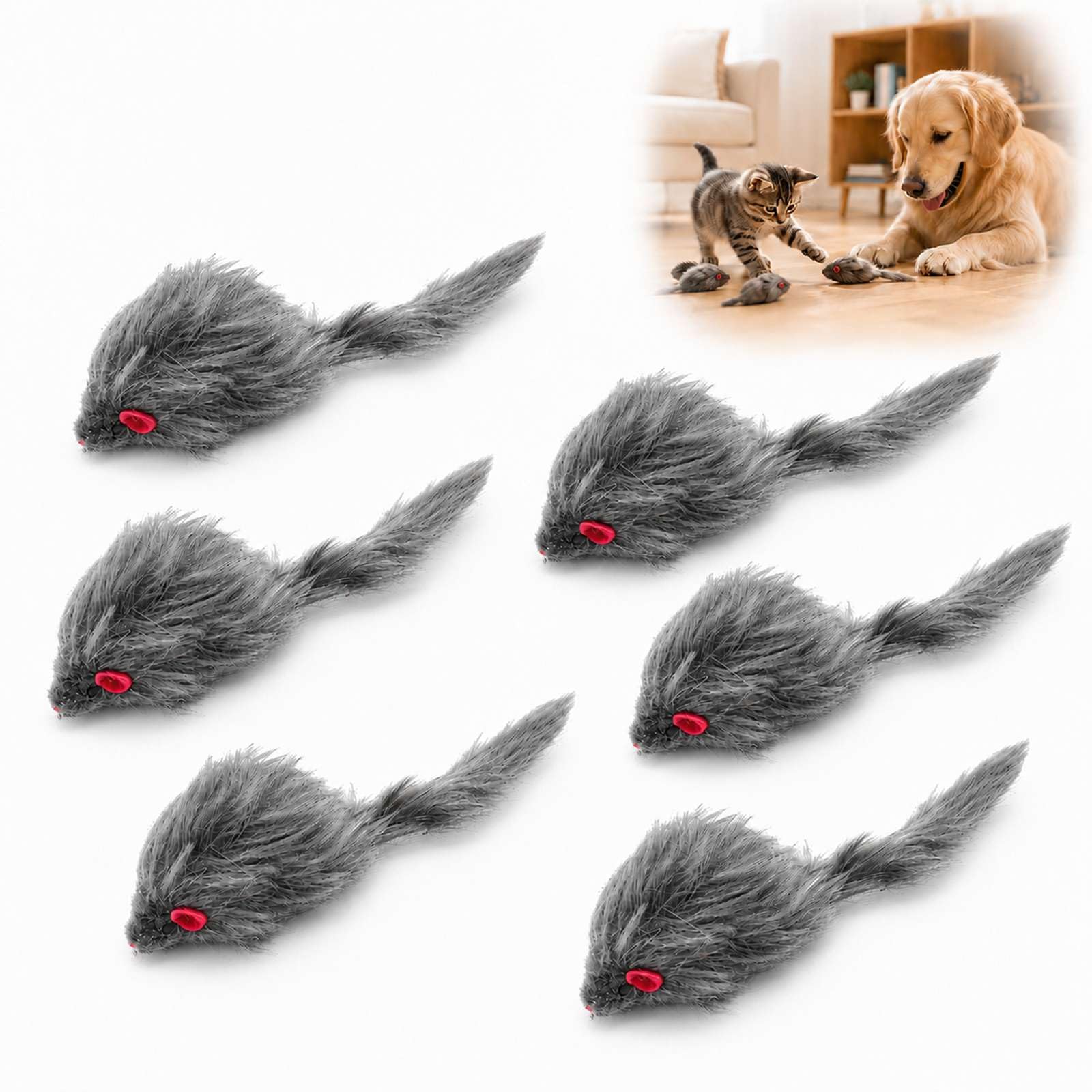 WHJYCC Mouse Toys For Cats, 6-Pack, 6.7 in, Grey Furry Bodies With Red Ears | Long-Tailed Fake Mice, Rounded Shape With Facial Details, For Indoor Chasing, Batting, Pouncing And Interactive Play