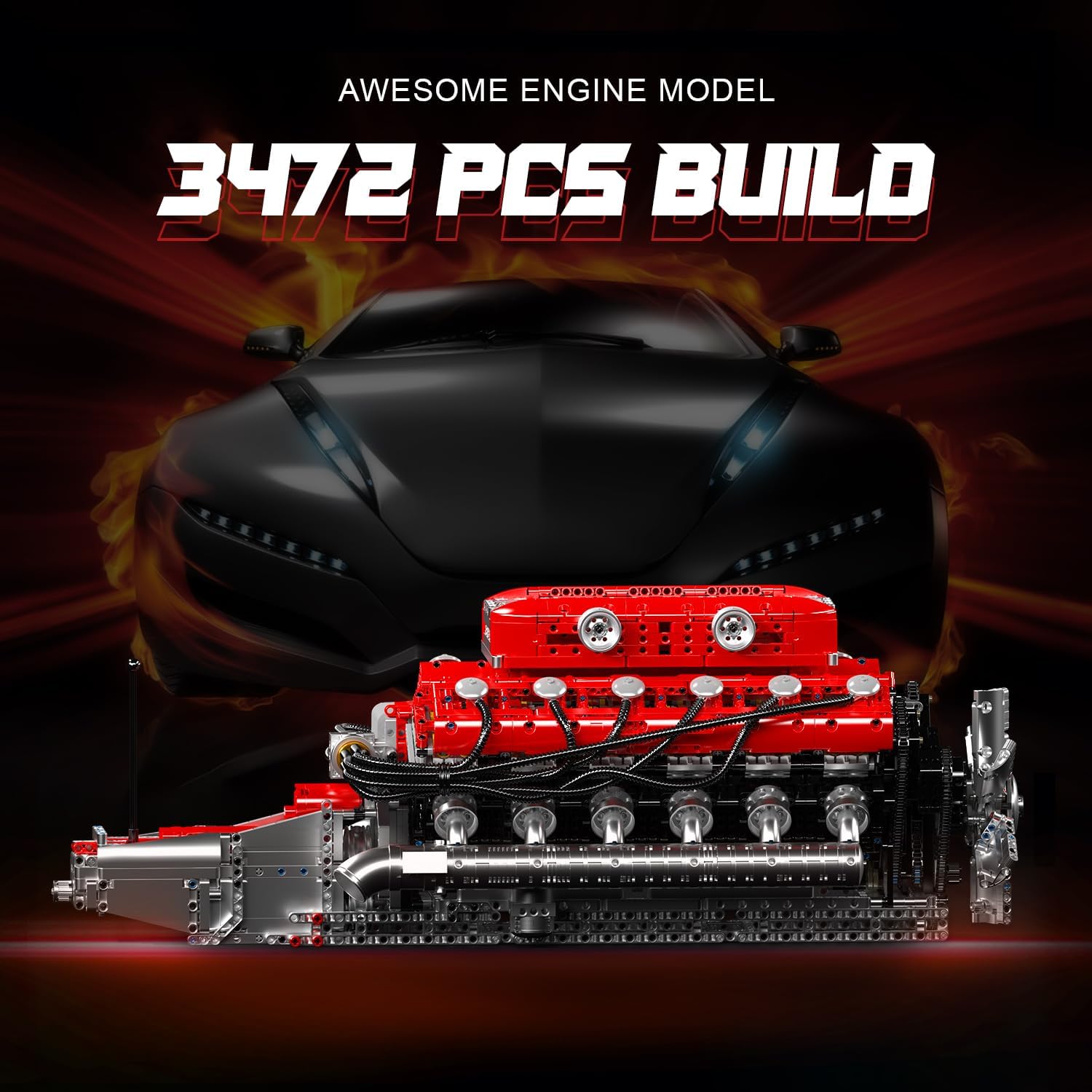 Mould King V12 Engine Model Kit that Runs - Motorized Mini Engines Building Blocks Set with Battery & Gearshift, Car Construction STEM Toy for Adults, DIY Mechanic Engineering Kit (3472+ PCS)
