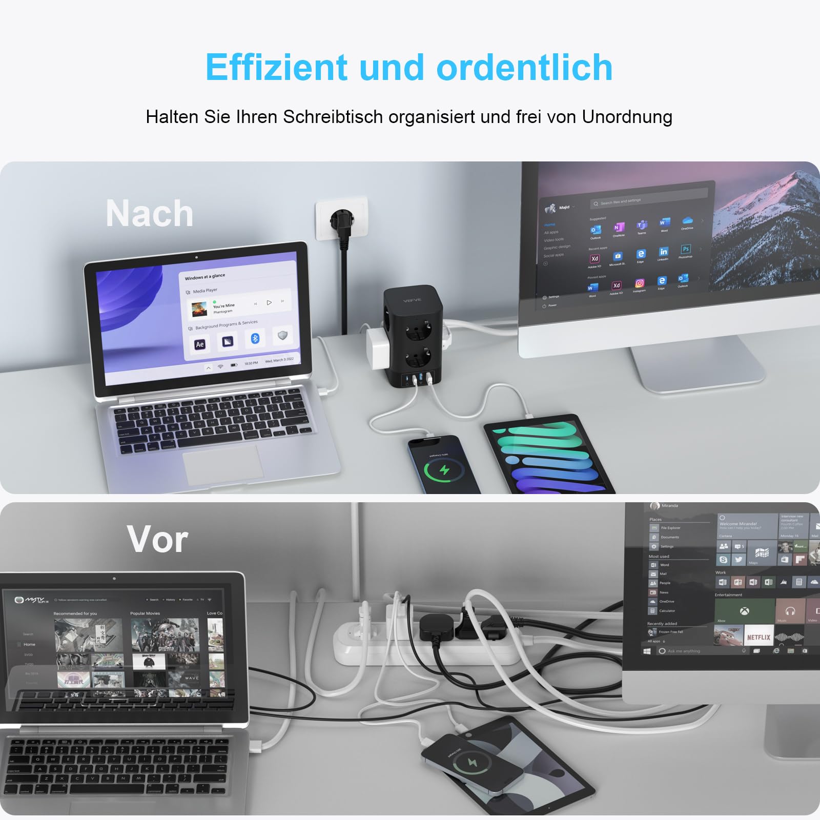 Sameriver Stekkerdoos met 4 USB, 8-voudig, meervoudig