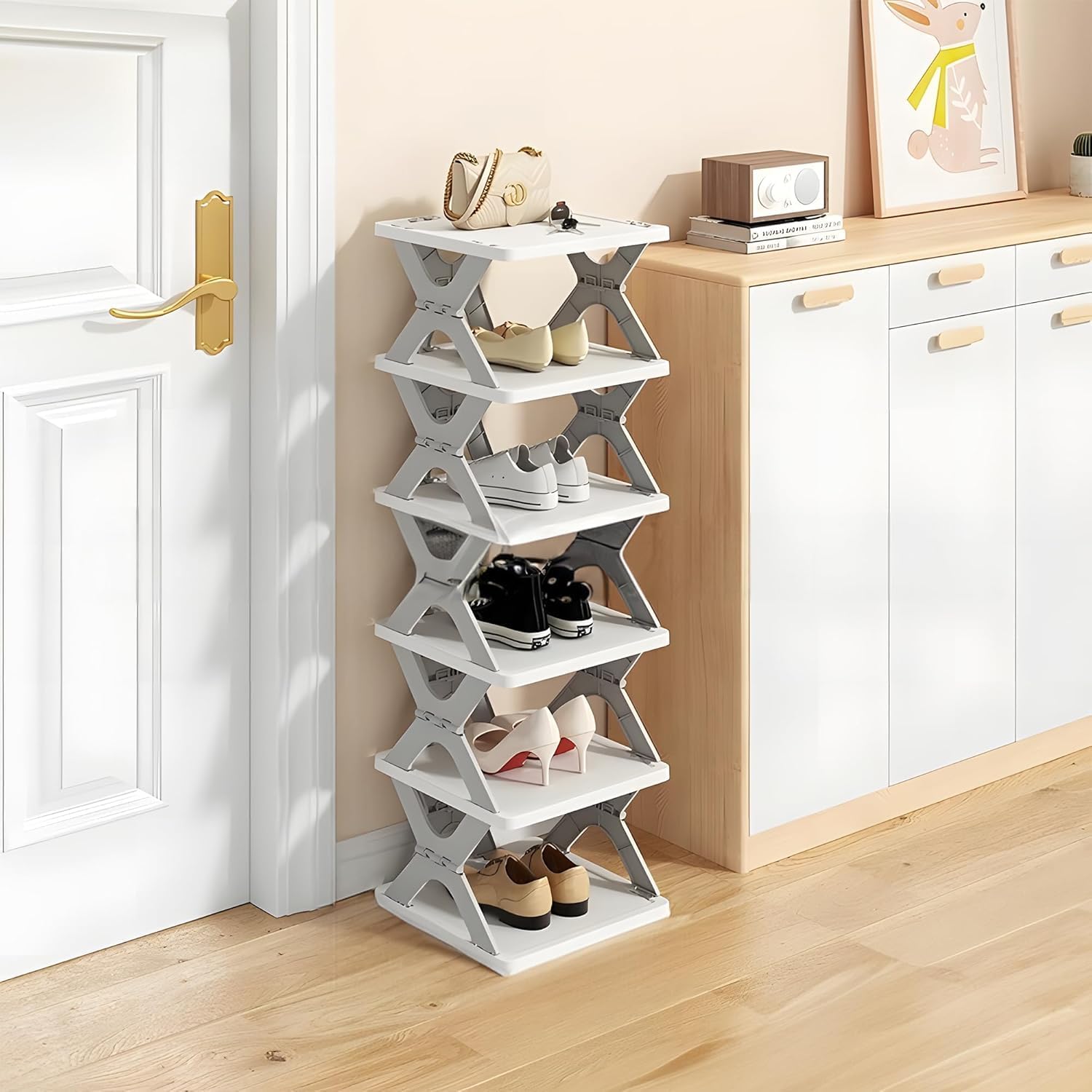 PRG Plastic 3 Layers Shoe Rack, Collapsible Shoe Rack for Kids' Rooms, Foldable Vertical Shoe Organizer for Front Door Entrance, Compact Shoe Storage Shelf for Narrow Spaces (Gray-X) (3)-image-37