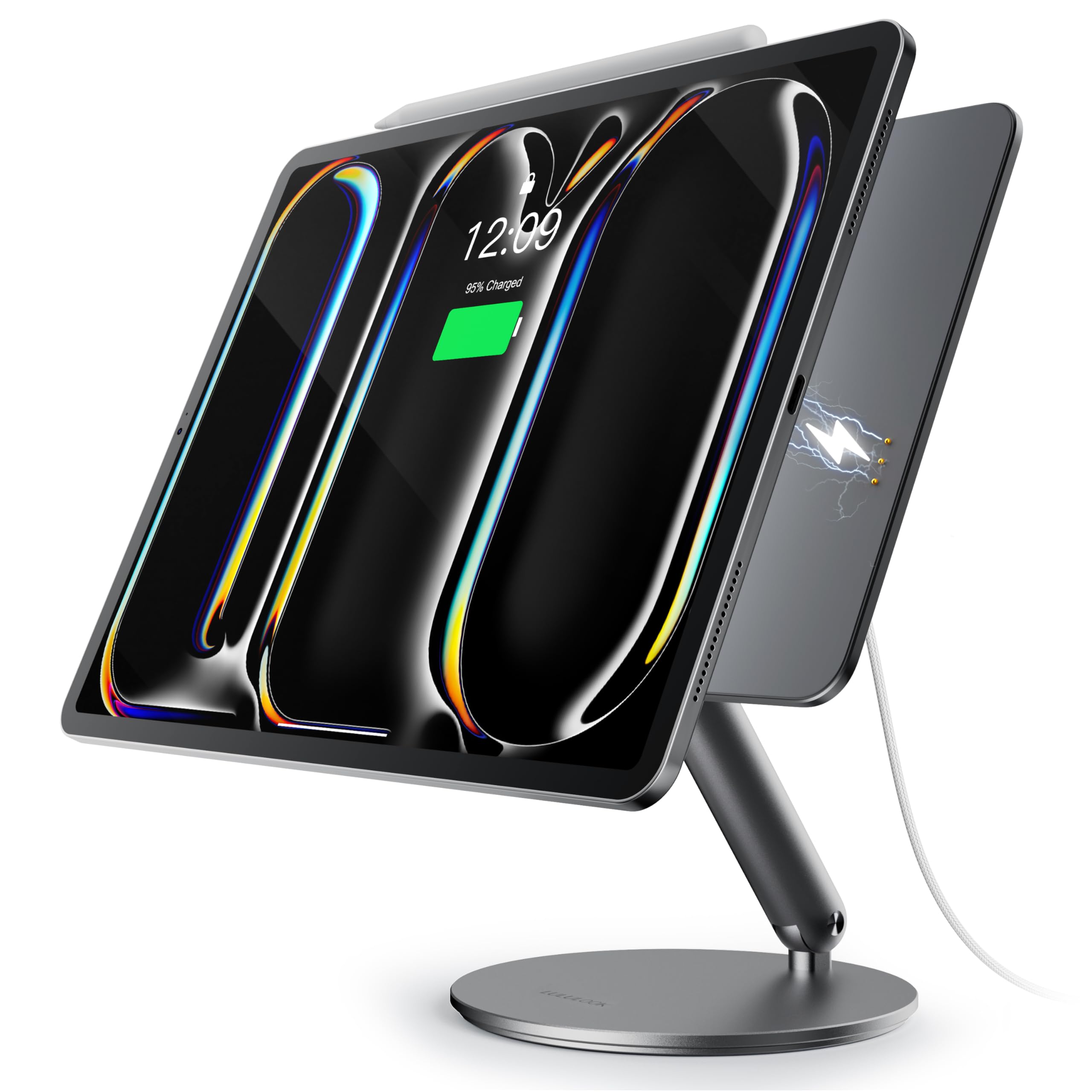 LULULOOK [Aktualizacja Magnetyczny uchwyt do bezprzewodowego ładowania do iPada Pro 13" M4 13" M5, składany uchwyt do iPada Pro z obrotową podstawą o 360°, ładowanie 18 W, aluminium, regulowany