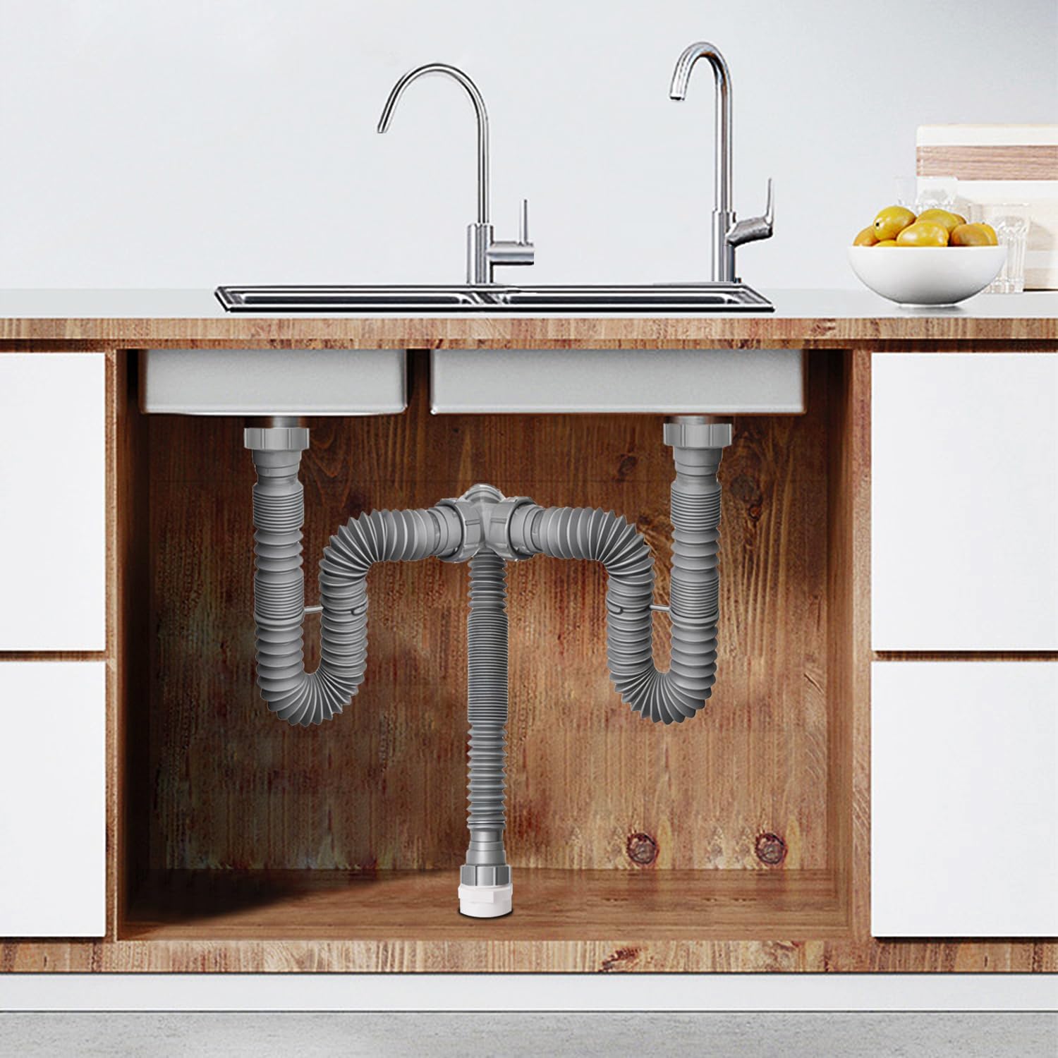 Cinsda Double Sink Drain Kit, Flexible Sink Drain Pipe 1-1/2 & 1-1/4 P Trap Fits Sink Bowl Drain, Expandable Plumbing Kit for Kitchen, Bathroom, Gray