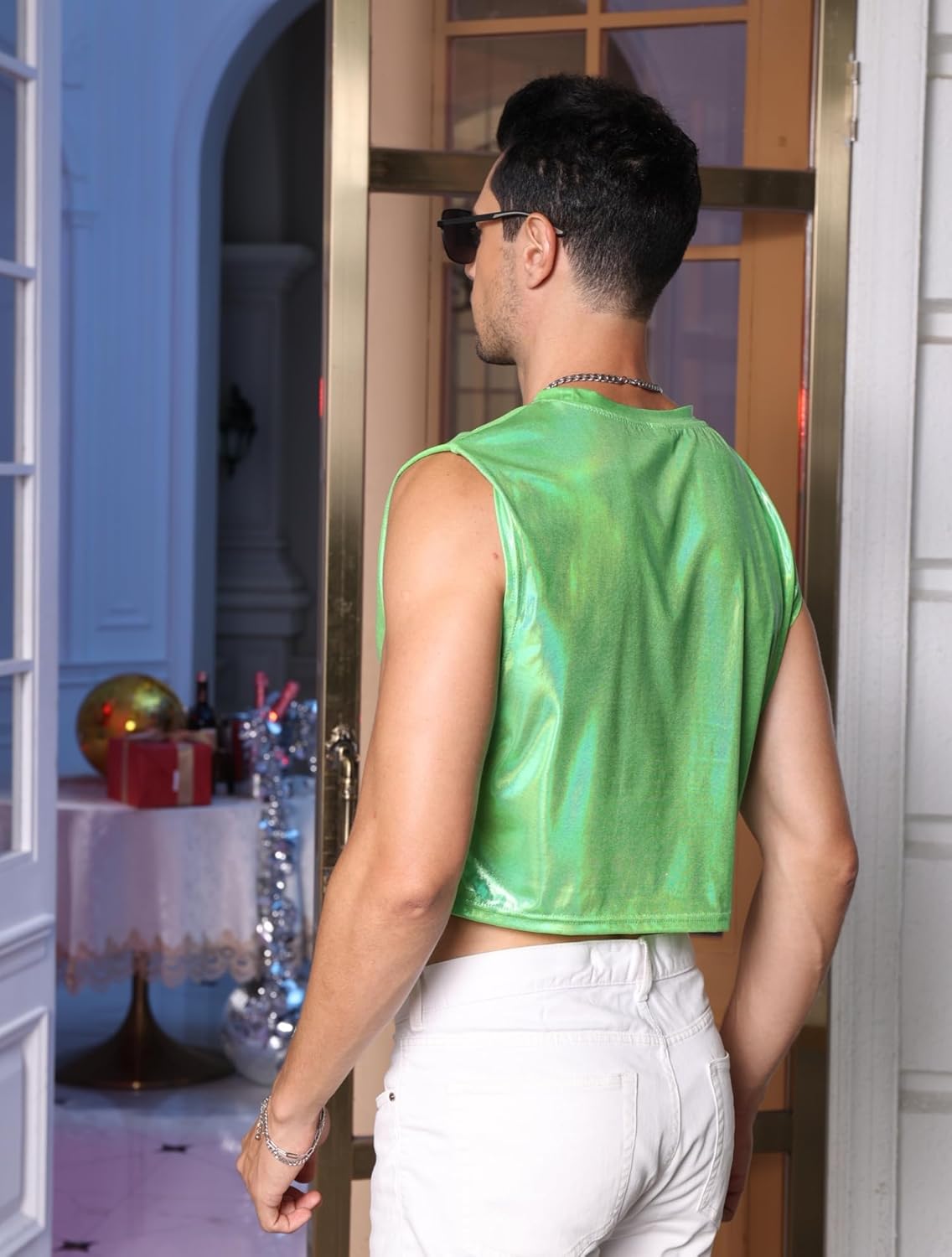 WDIRARA Men's Glitter Sleeveless Round Neck Crop Tank Top T Shirt Party Club Top - Image 2