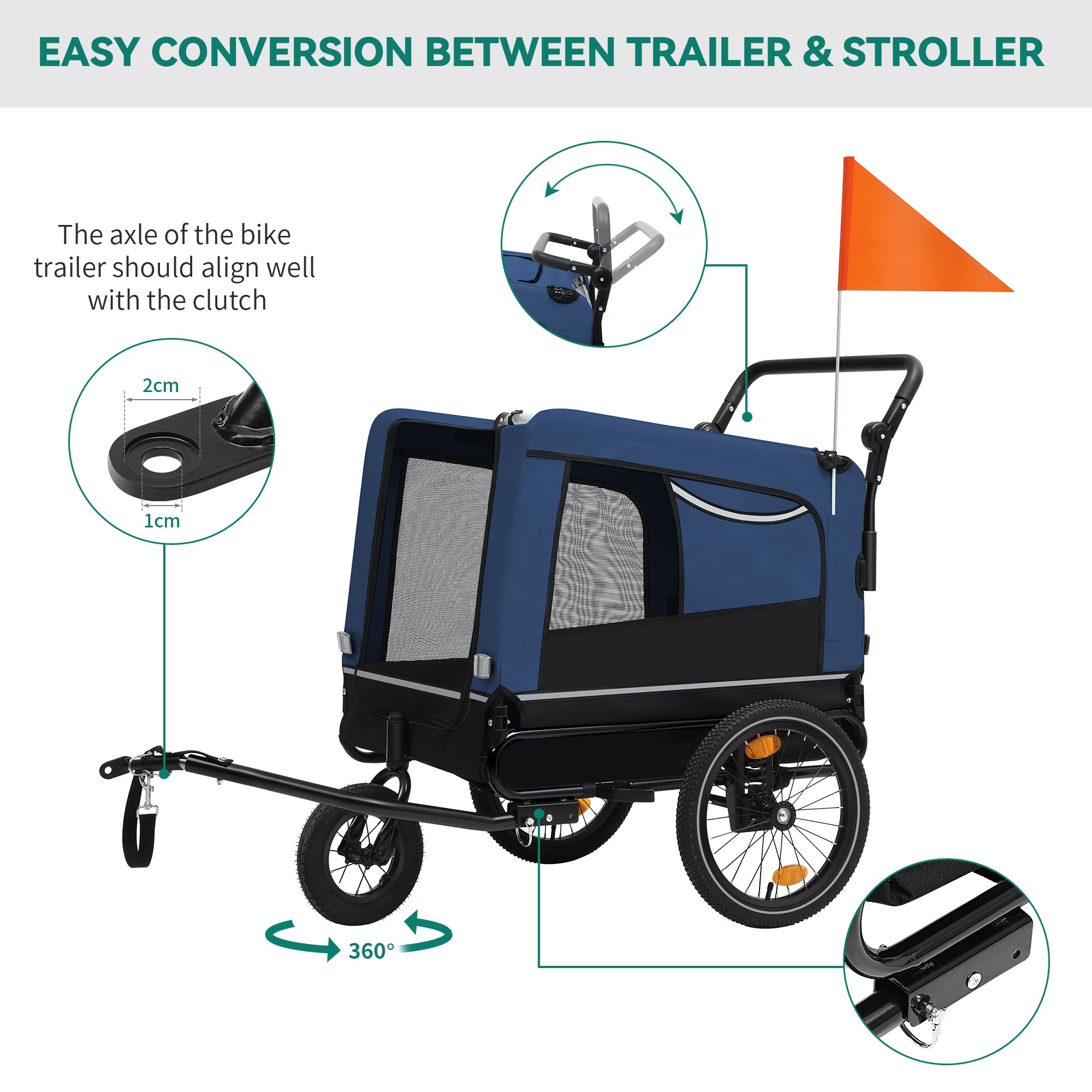 YITAHOME 2-in-1 Dog Bike Trailer with 360° Rotatable & Removable Front Wheel, Dog Stroller 600D Oxford Canvas, Dog Trailer for Bicycle, 40kg MAX Reflectors & Safety Leash, Easy Transport