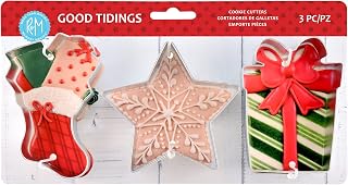 R&M Good Tidings Christmas Cookie Cutter 3 Piece Set. Includes Christmas Stocking, Star and Present Cookie Cutter.