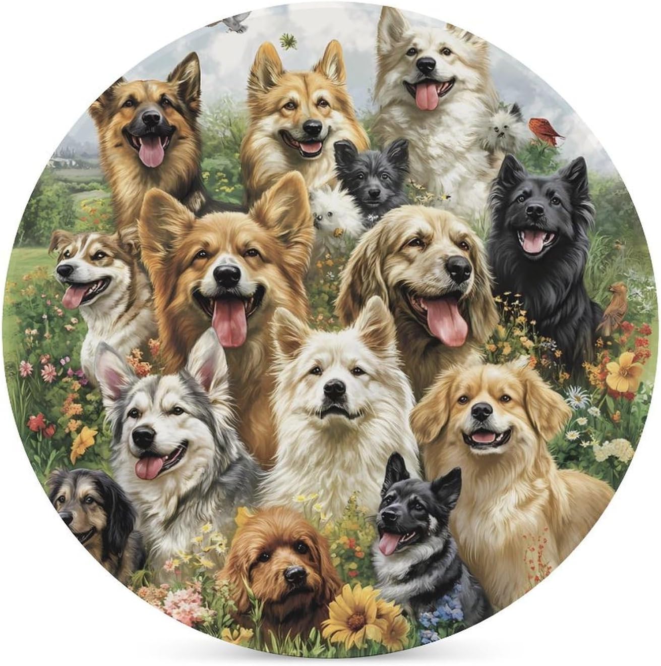 Dogs and Puppies Funny Round Ceramic Coasters for Drink Absorbent Cup Holders Tabletop Protection