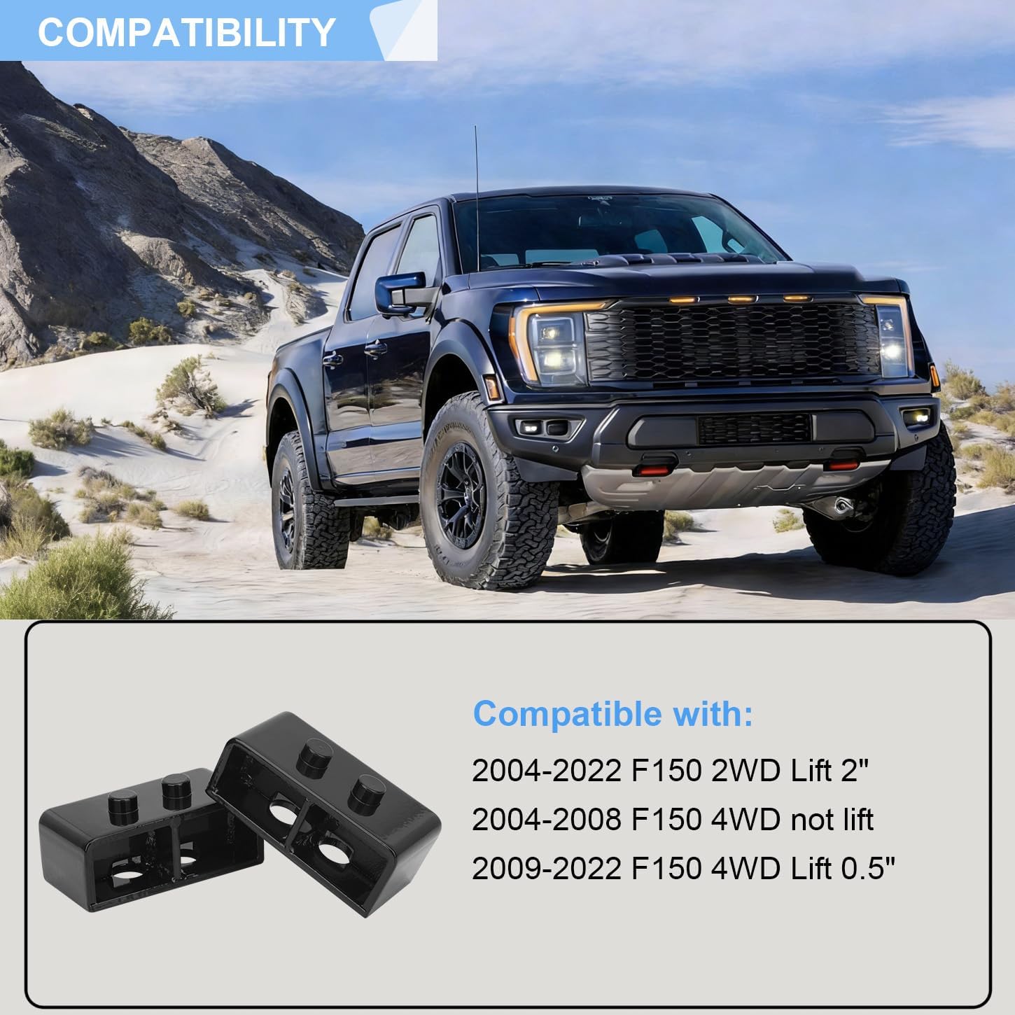 2 Inches Rear Lift Block Kit Compatible with 2004-2022 Ford F150 2WD 4WD, 2'' Rear F-150 Leveling Lift Kits with Extra Extended Square U-Bolts Set and Square Leaf Spring Axle Cross Block, 2PS
