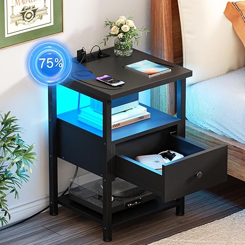 Miniatura 7 de Juego de 2 mesitas de noche con luces LED, soporte de noche de 3 niveles con estación de carga, mesa auxiliar con cajón de madera ajustable, mesita
