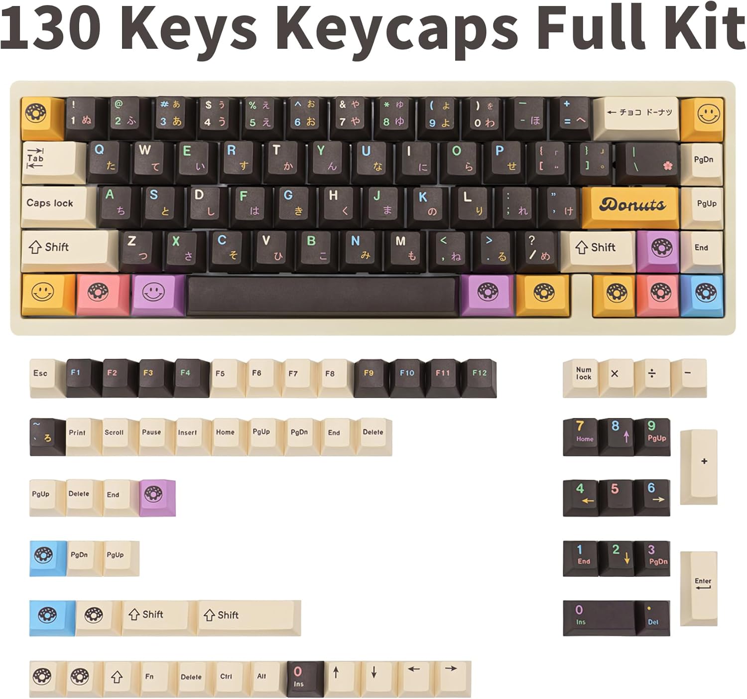 Cherry Profile PBT Keycap Set, Brown Japanese Keycaps, Dye Sublimation Custom Keyboard Caps for Mechanical Gaming Keyboard, 130 Keys