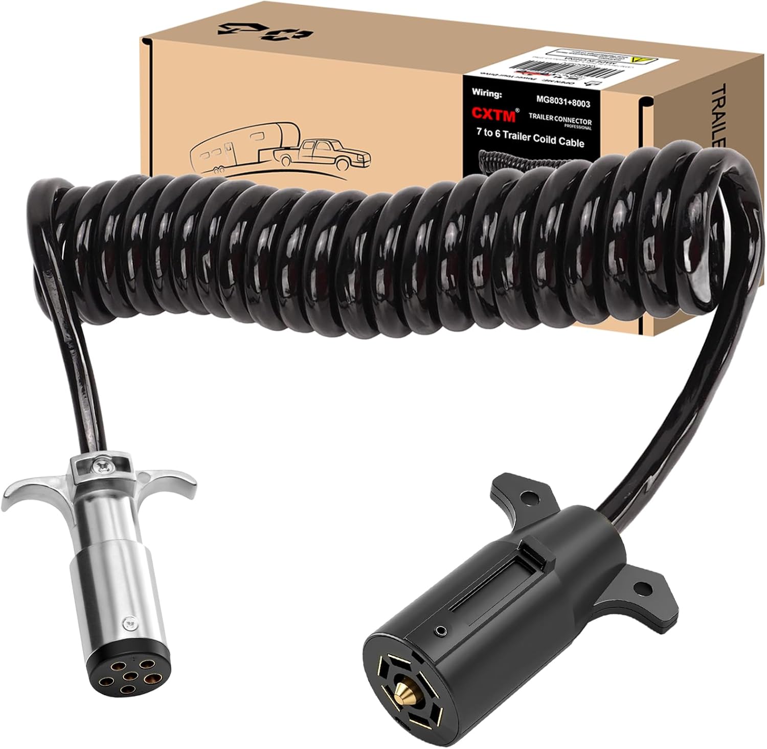 7 Pin to 6 Pin Trailer Adapter, Coiled Trailer Cord Stretches to 8 Feet, 7-Wire to 6-Wire Coiled Cable RV 7 to 6 Trailer Wiring Extension Cord