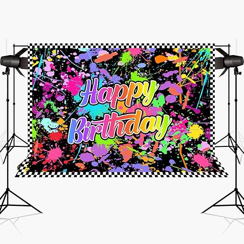 Miniatura 8 de Lofaris Fondo de fotografía de fiesta de cumpleaños con brillo neón (no brilla), colorido graffiti salpicado en la oscuridad, fondo retro de Let's