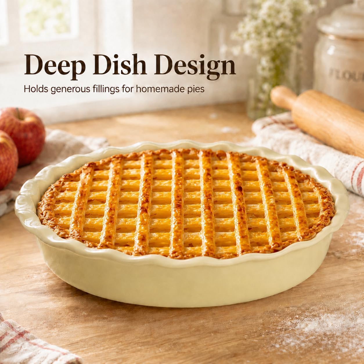 10" Ceramic Pie Pan for Baking, Deep Dish Pie Plate with Ruffled Edge, Round Non-Stick Baking Dish for Apple Pies, Tarts & Quiches, Oven Safe