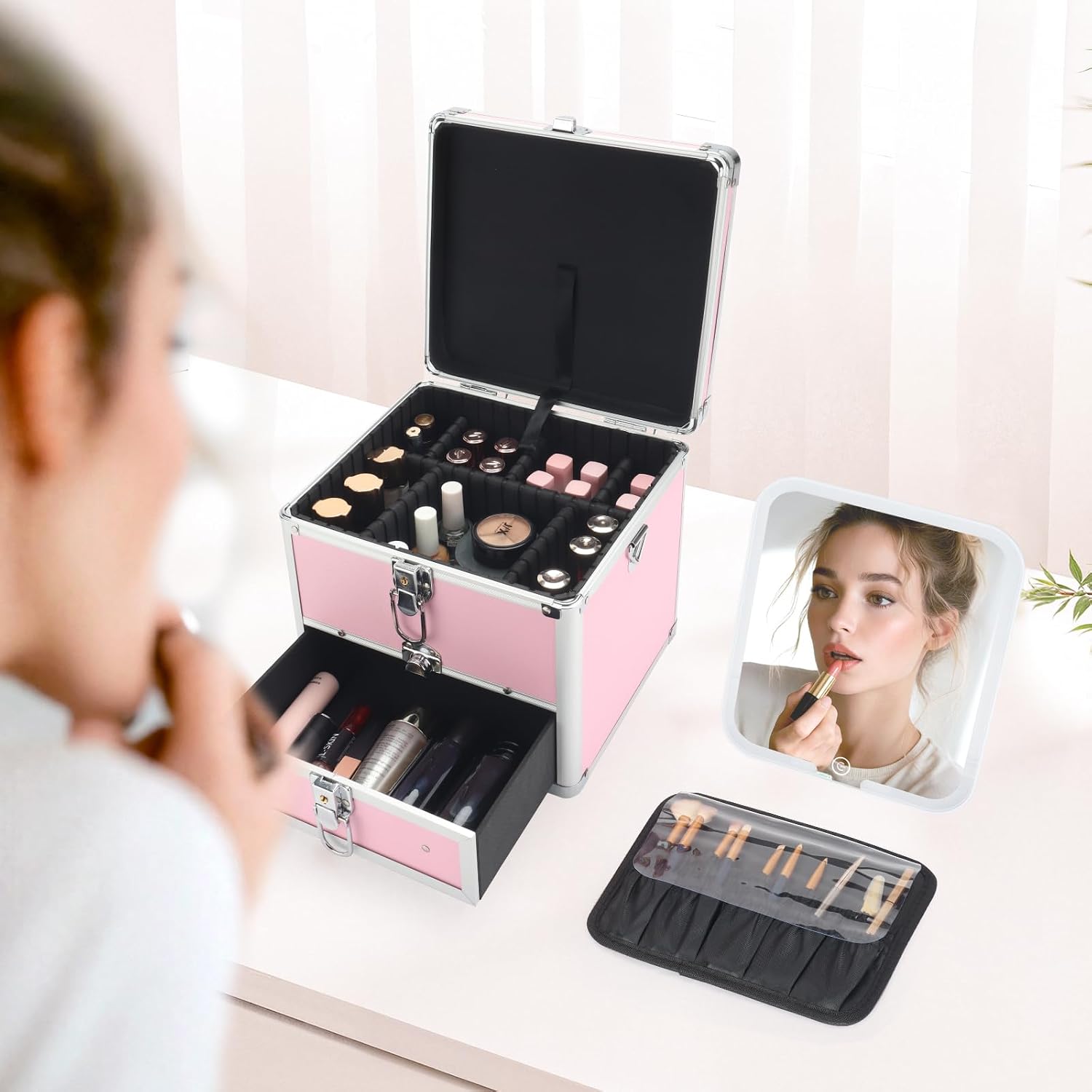 Makeup Case with Drawer, Detachable Lighted LED Mirror, Travel Vanity Organizer, Portable Cosmetic Train Case, Lockable Makeup Suitcase with Adjustable Dividers, Shoulder Strap, Brush Holder
