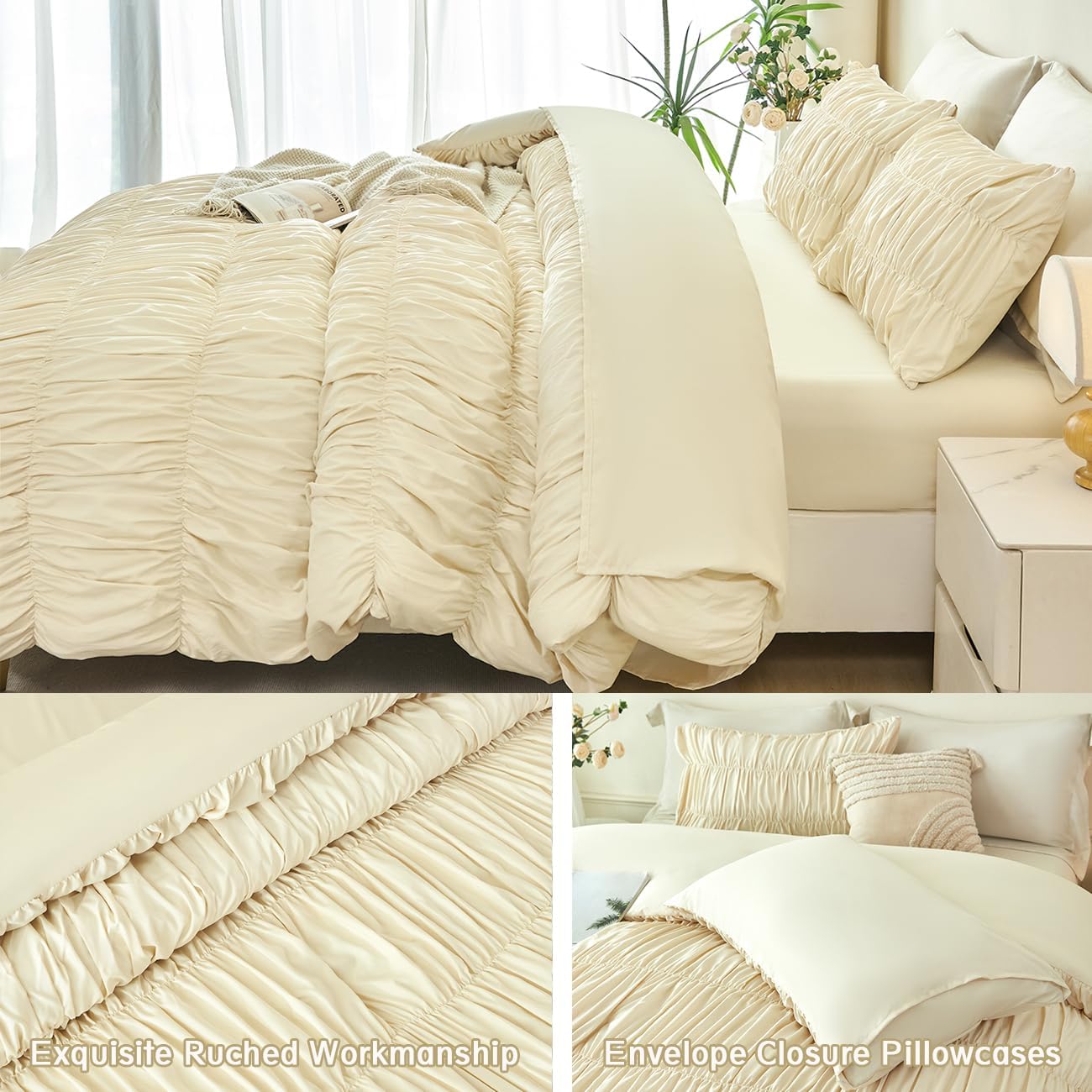 PERFEMET Beige Ruched Comforter Set King Size, 5 Pieces Boho Ruffle Bed in a Bag with Sheets, Soft Fluffy Pleated Texture Bedding Set All Season Lightweight Shabby Chic Bed Set(Beige, King)
